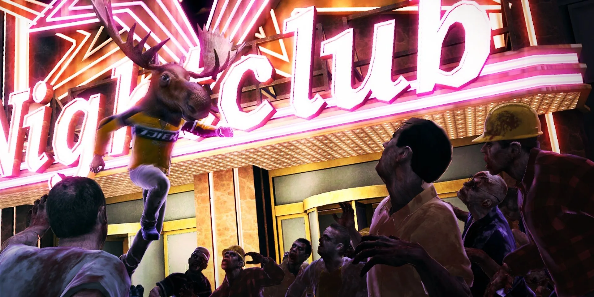 Chuck Greene đội đầu nai sừng tấm lao vào đám đông zombie trong Dead Rising 2