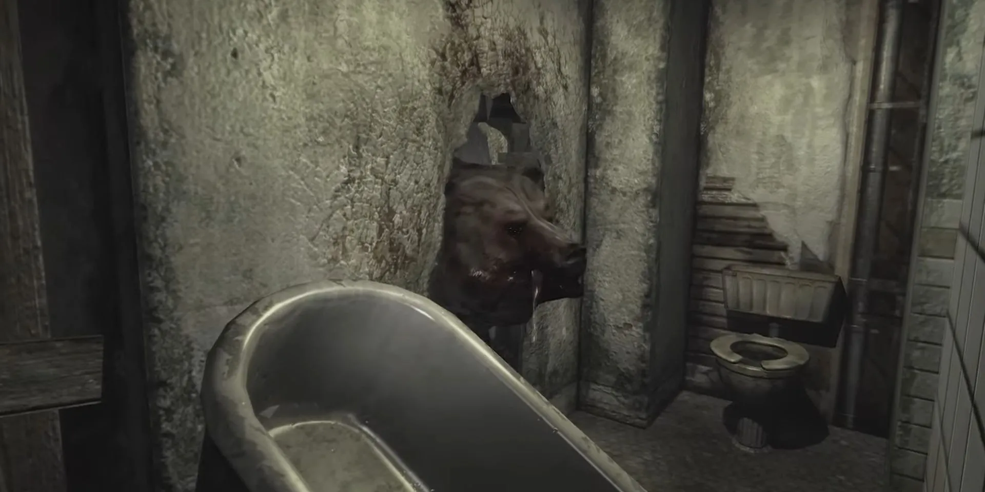 Con gấu hung tợn phá tường nhìn qua một lỗ hổng trong game Condemned 2 Bloodshot