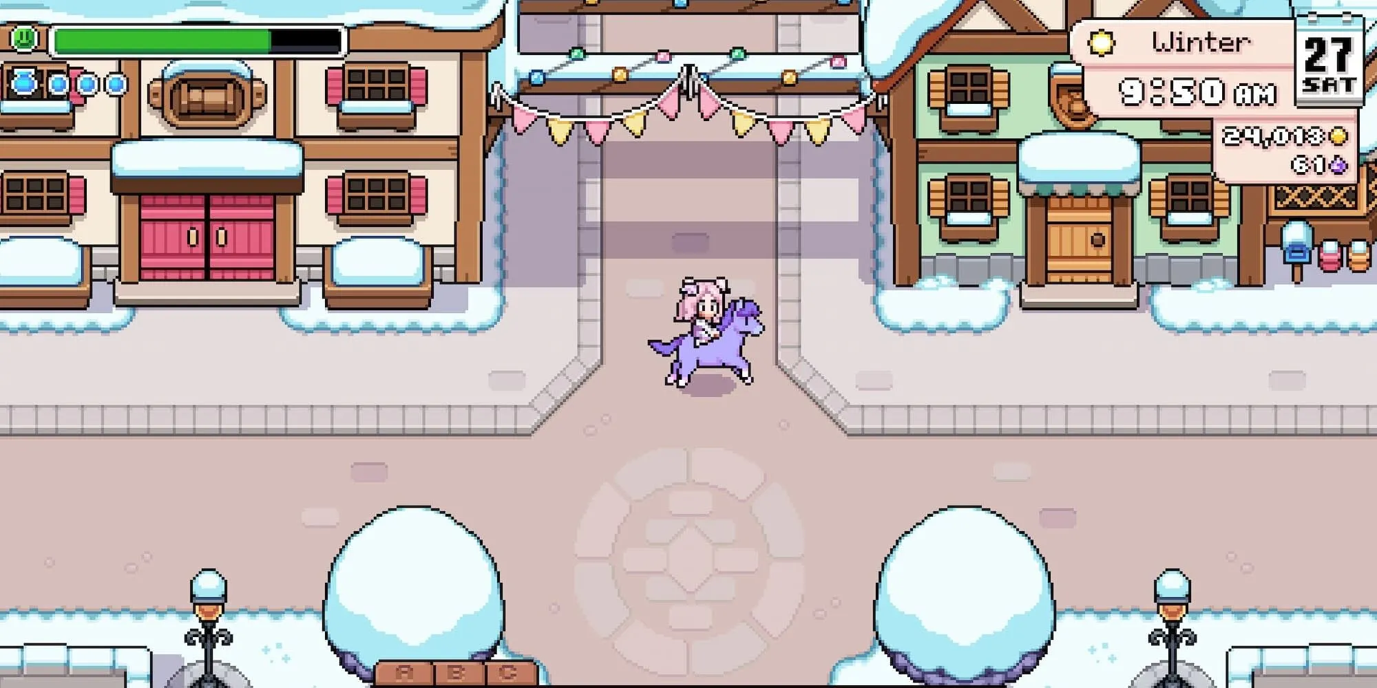 Cưỡi ngựa pony tím dạo quanh thị trấn trong Fields of Mistria, một game nông trại pixel art đầy màu sắc