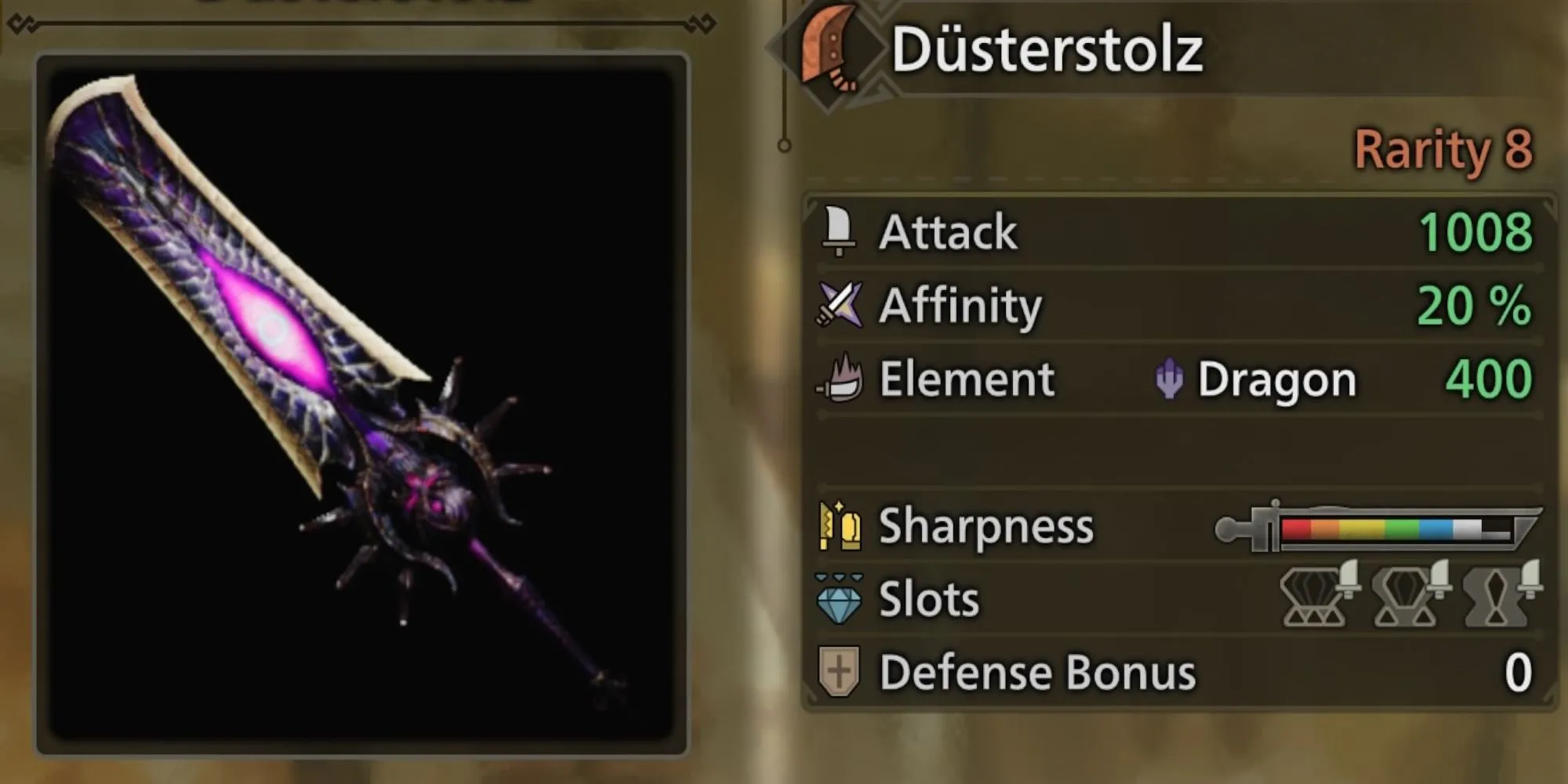 Đại kiếm Düsterstolz từ Gore Magala trong Monster Hunter Wilds, mang vẻ đẹp hắc ám và mạnh mẽ, với hiệu ứng nguyên tố Rồng.