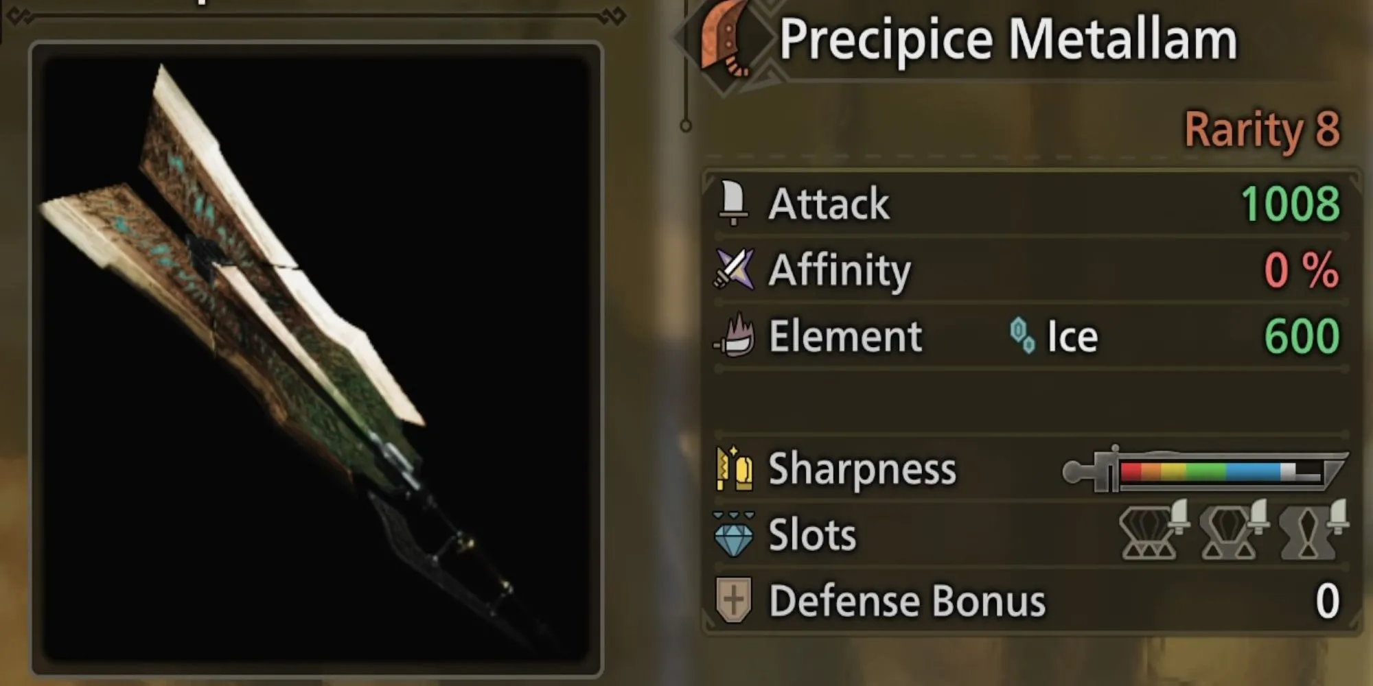 Đại kiếm Precipice Metallam từ Jin Dahaad trong Monster Hunter Wilds, với vẻ ngoài hùng vĩ và sắc bén, tỏa ra khí lạnh của nguyên tố Băng.