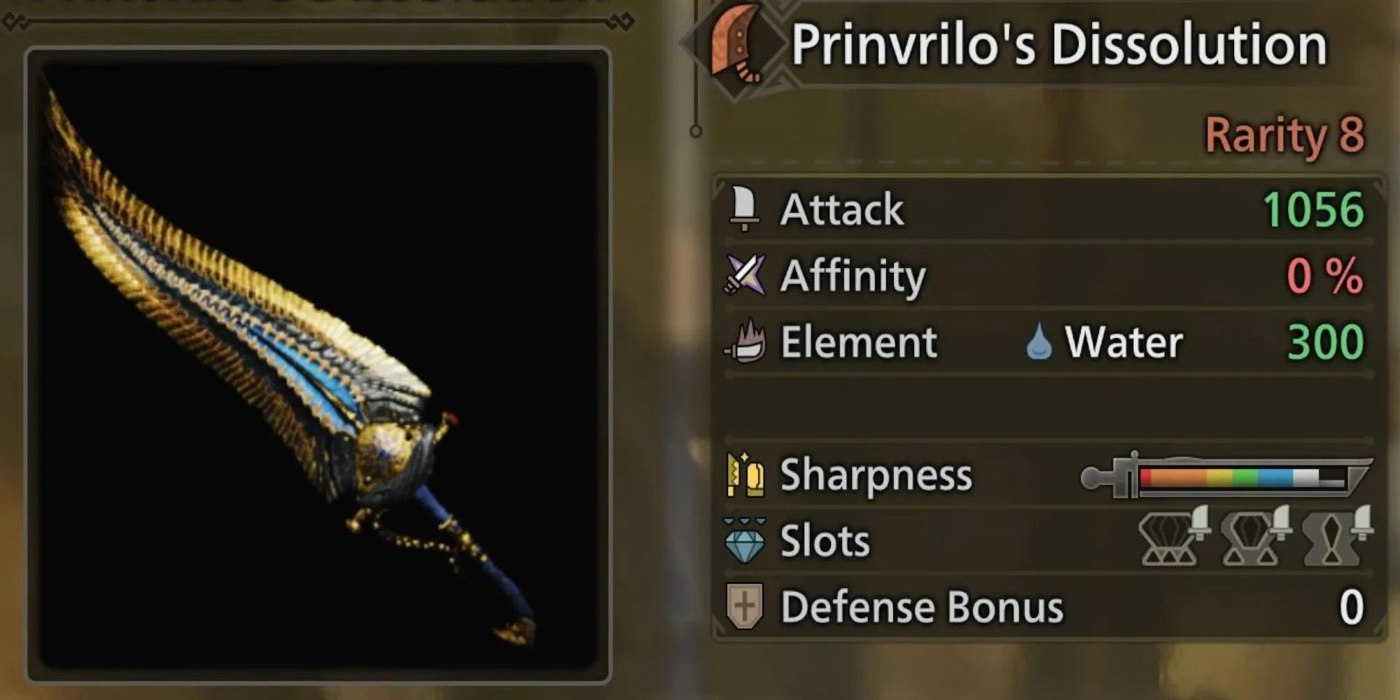 Đại kiếm Prinvrilo's Dissolution từ Xu Wu trong Monster Hunter Wilds, sở hữu thiết kế khác biệt và kỹ năng Crit Draw tích hợp sẵn.