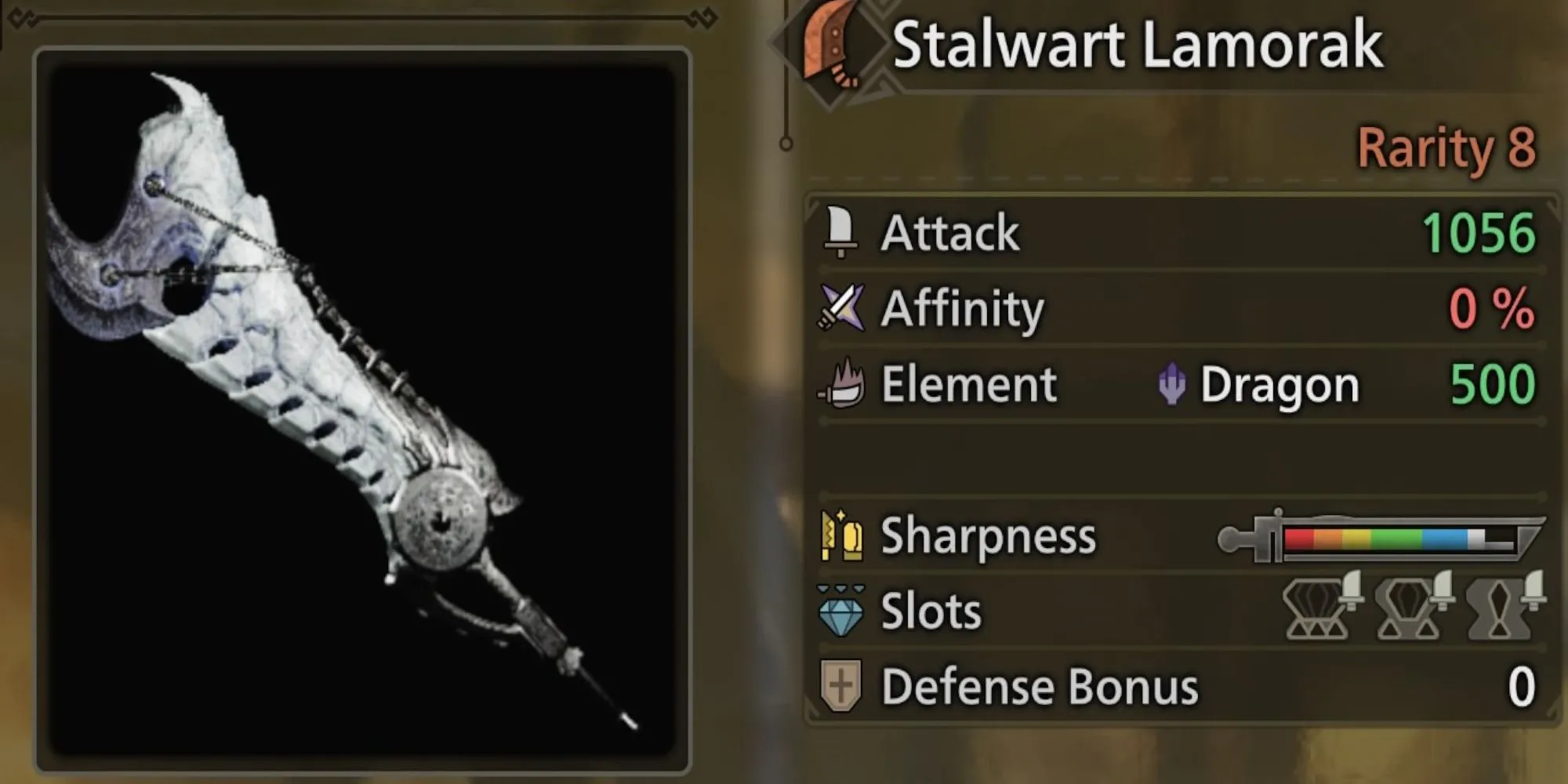 Đại kiếm Stalwart Lamorak từ Arkveld trong Monster Hunter Wilds, flagship monster, với chỉ số sát thương thô cao và kỹ năng Focus tối đa.