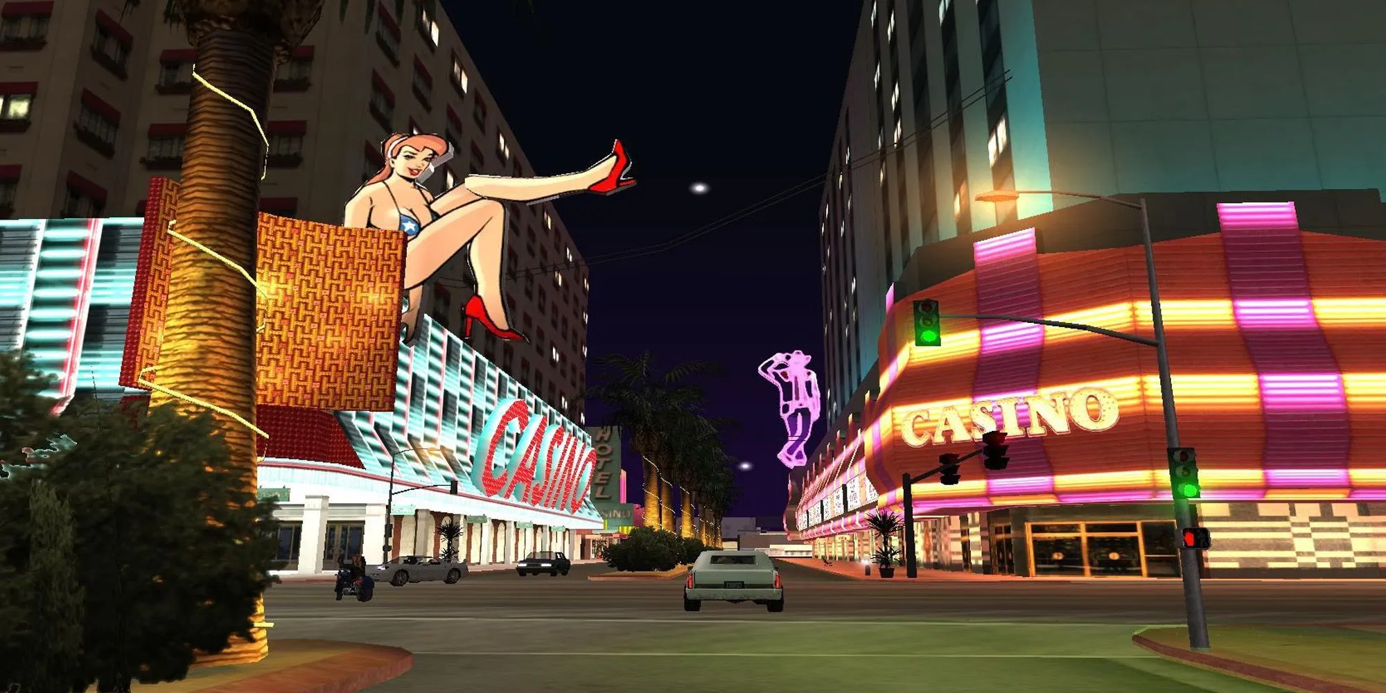 Dải Las Venturas Strip lung linh ánh đèn casino vào ban đêm trong GTA San Andreas