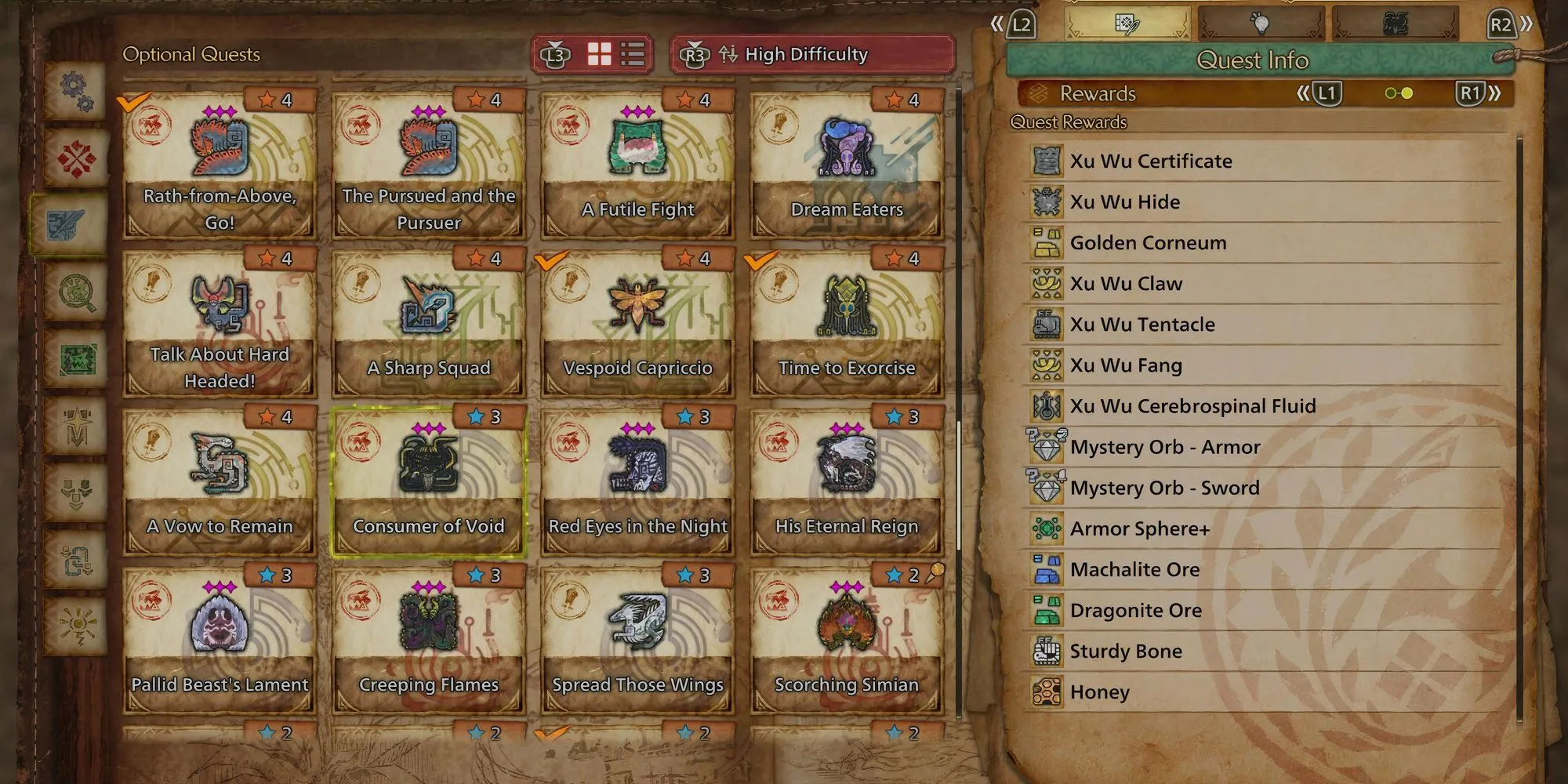 Danh sách phần thưởng giá trị nhận được sau khi đánh bại Xu Wu trong Monster Hunter Wilds.