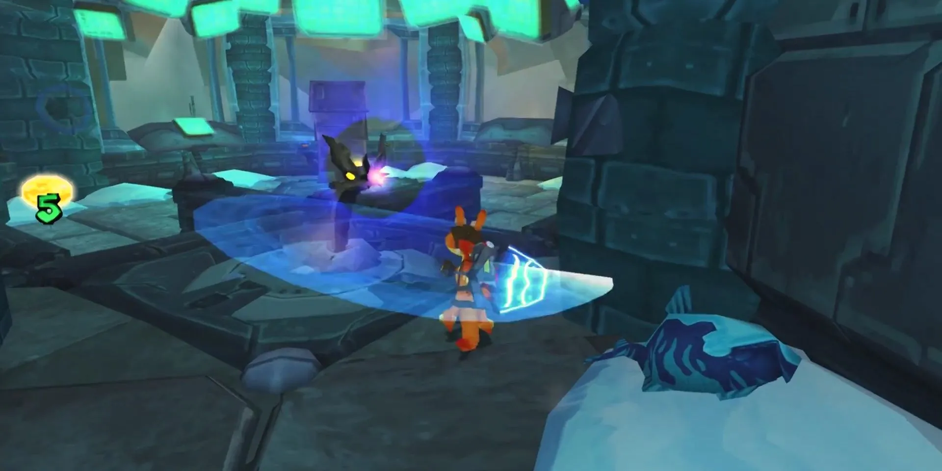 Daxter dùng vỉ đập bọ tiêu diệt Metal Bug trong game Daxter trên PSP