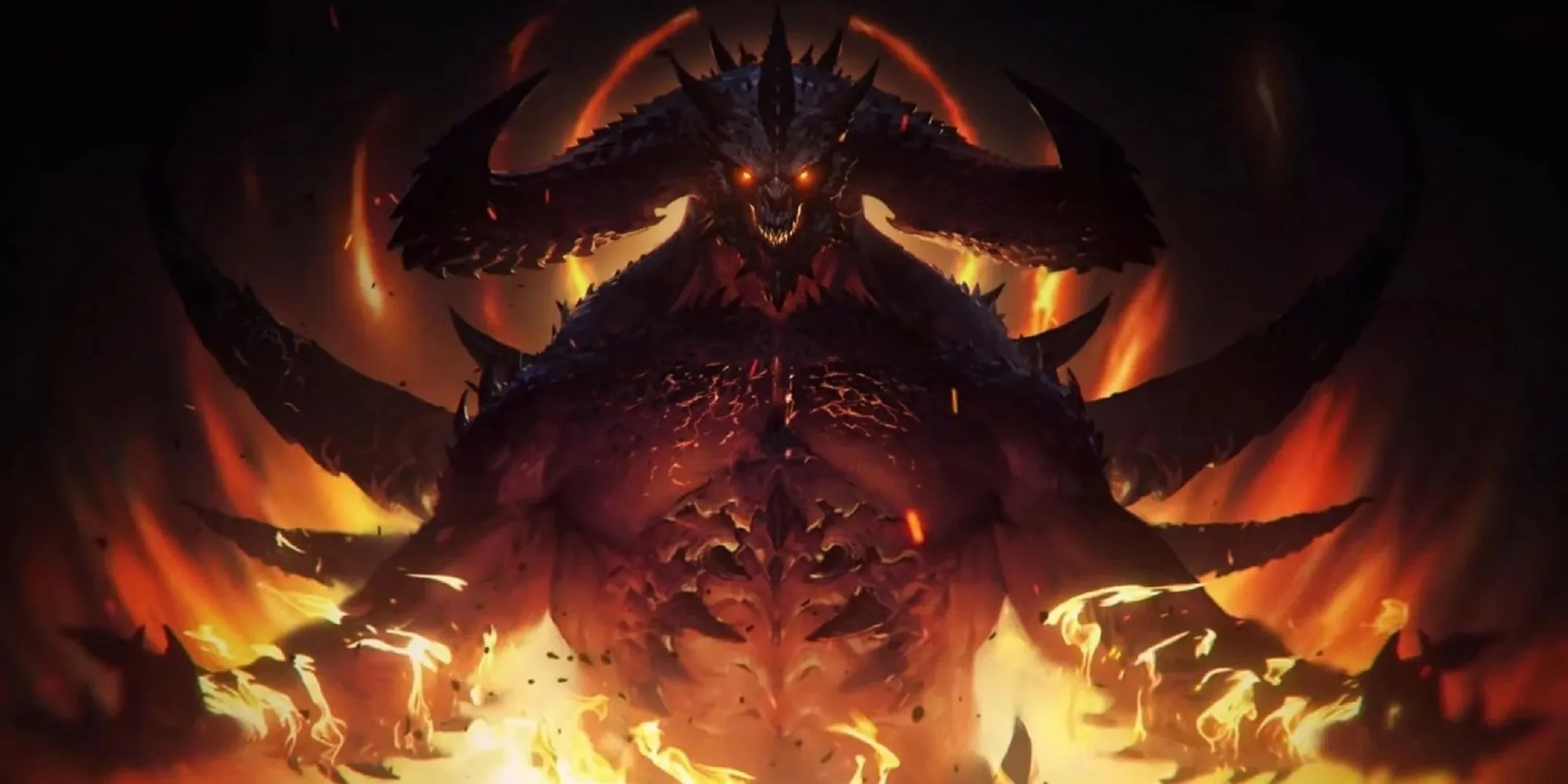 Diablo Immortal với hình ảnh Diablo đứng trong lửa giơ tay