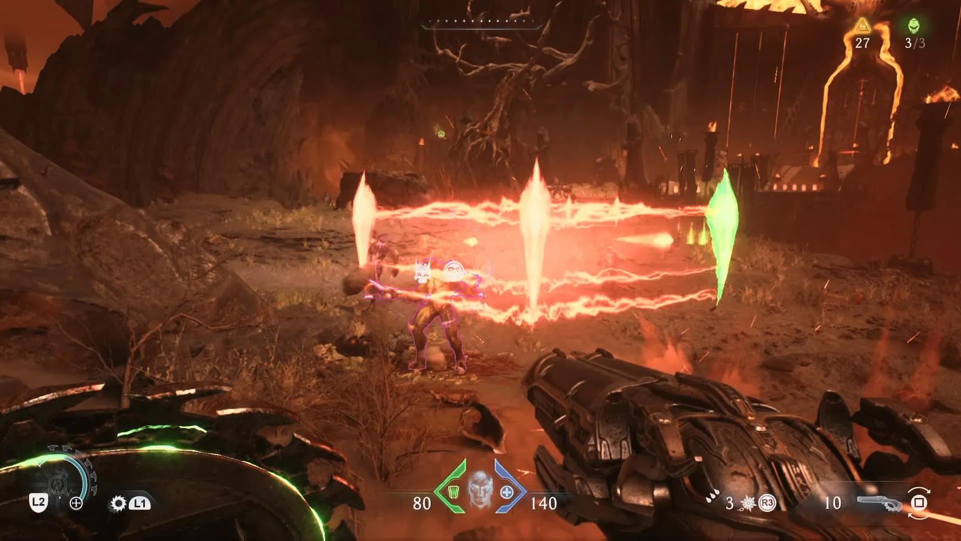 Doom Slayer giao chiến với kẻ thù sử dụng tia năng lượng trong một trận chiến căng thẳng của Doom The Dark Ages, làm nổi bật sự hỗn loạn đặc trưng của series