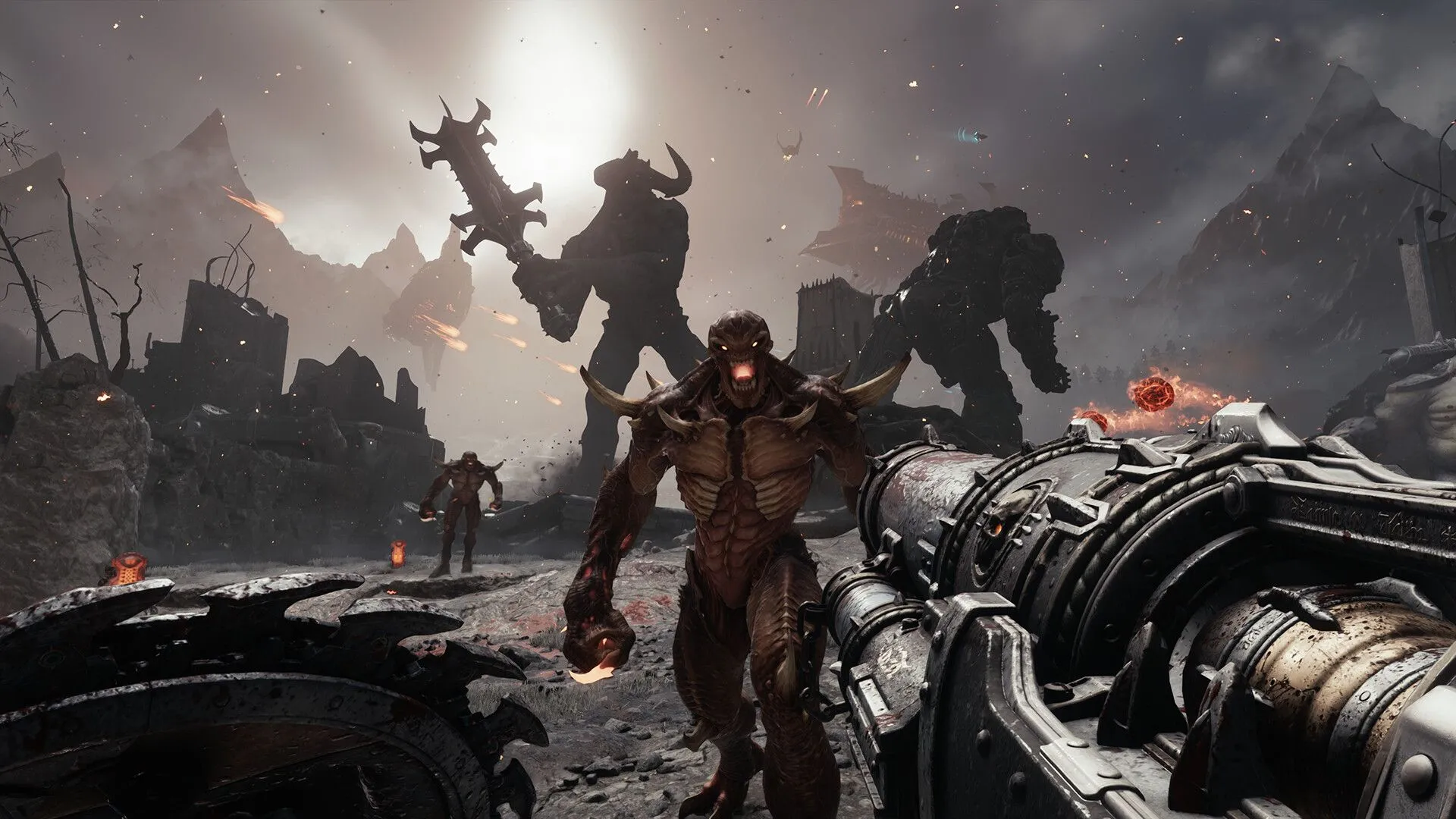 Doom Slayer sử dụng vũ khí và khiên trong một trận chiến cận kề sinh tử trong Doom The Dark Ages