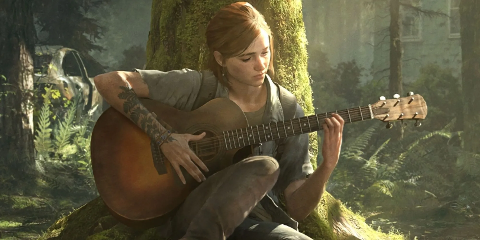 Ellie ngồi bên gốc cây, chơi đàn guitar trong The Last of Us Part 2