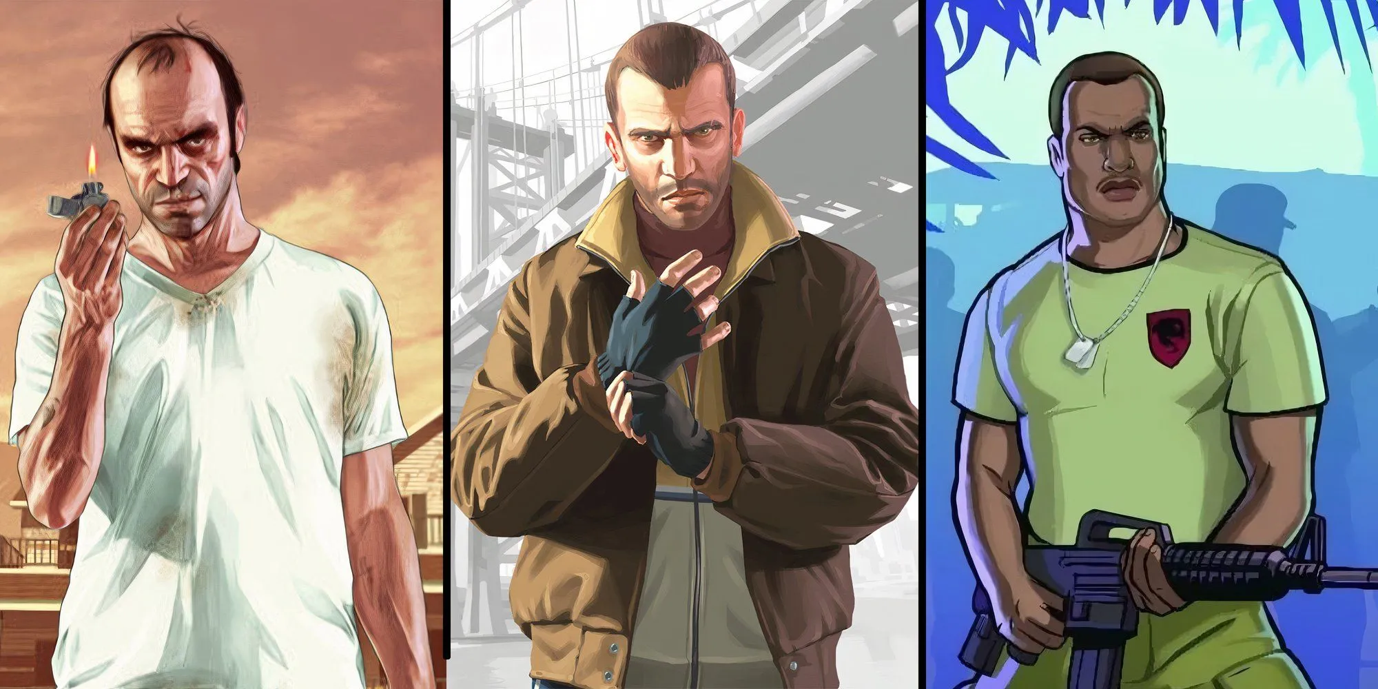 Franklin Clinton, Michael De Santa và Trevor Philips, ba nhân vật chính trong Grand Theft Auto V