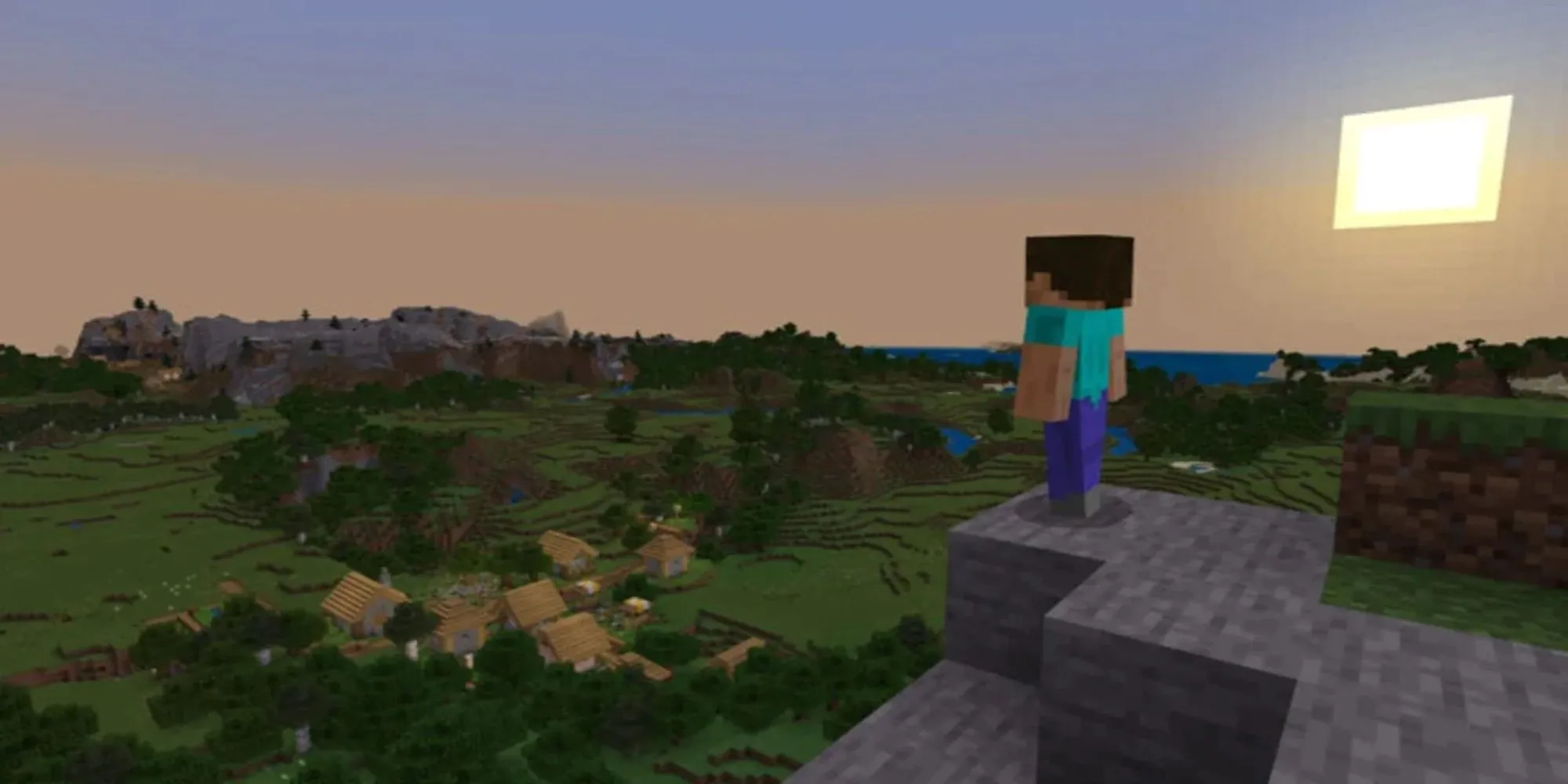 Gameplay Minecraft với một công trình lớn và cảnh quan đa dạng