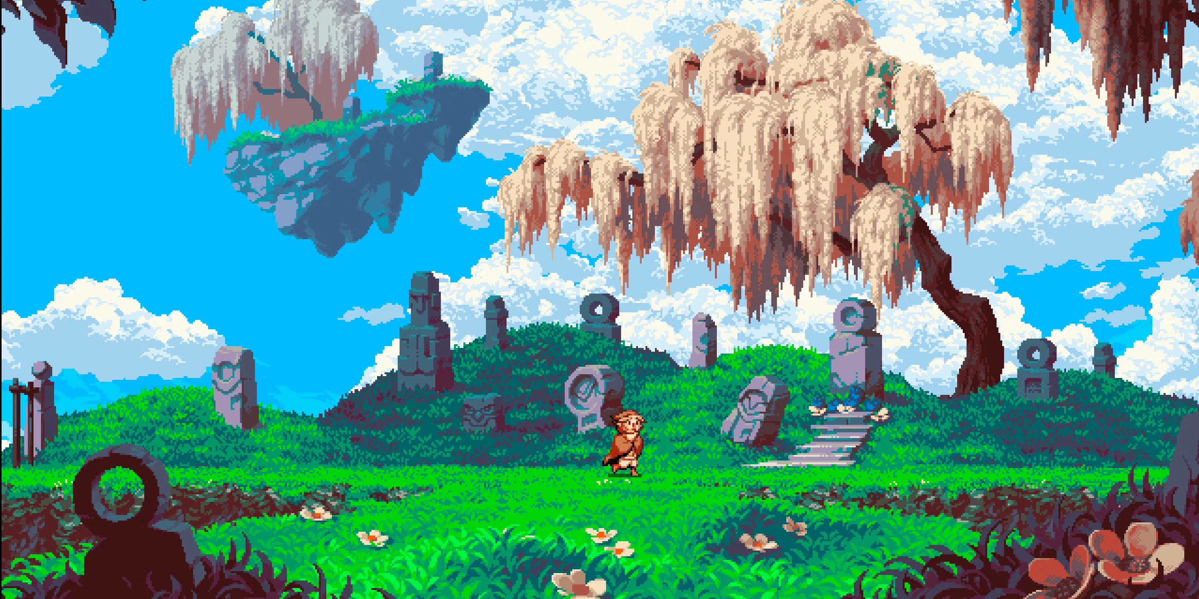 Gameplay Owlboy với nhân vật chính đang bay lượn trong thế giới pixel art đầy màu sắc