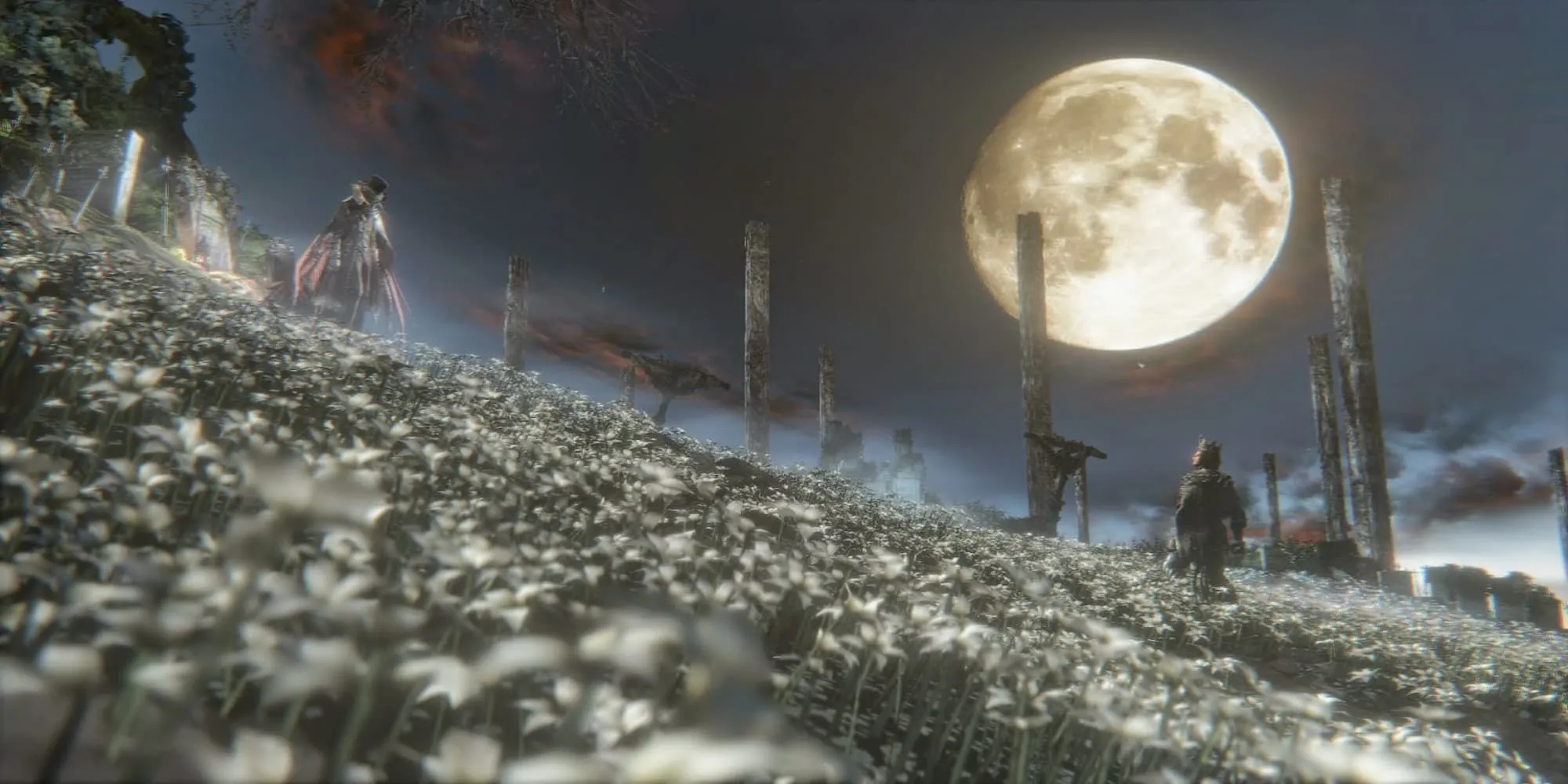 Gehrman, the First Hunter trong Bloodborne đứng giữa một cánh đồng hoa trắng với lưỡi hái Burial Blade