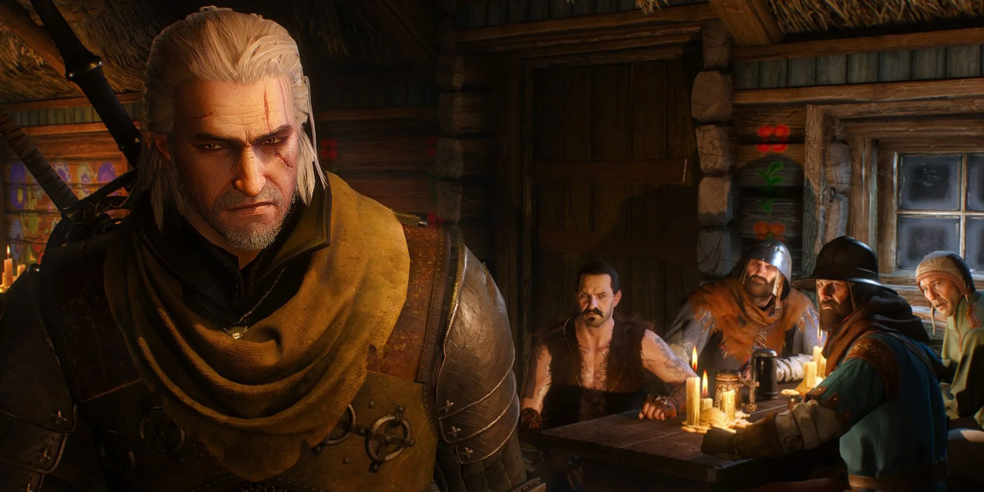 Geralt xứ Rivia trong The Witcher 3 chuẩn bị chiến đấu với quái vật trong một khu rừng u ám