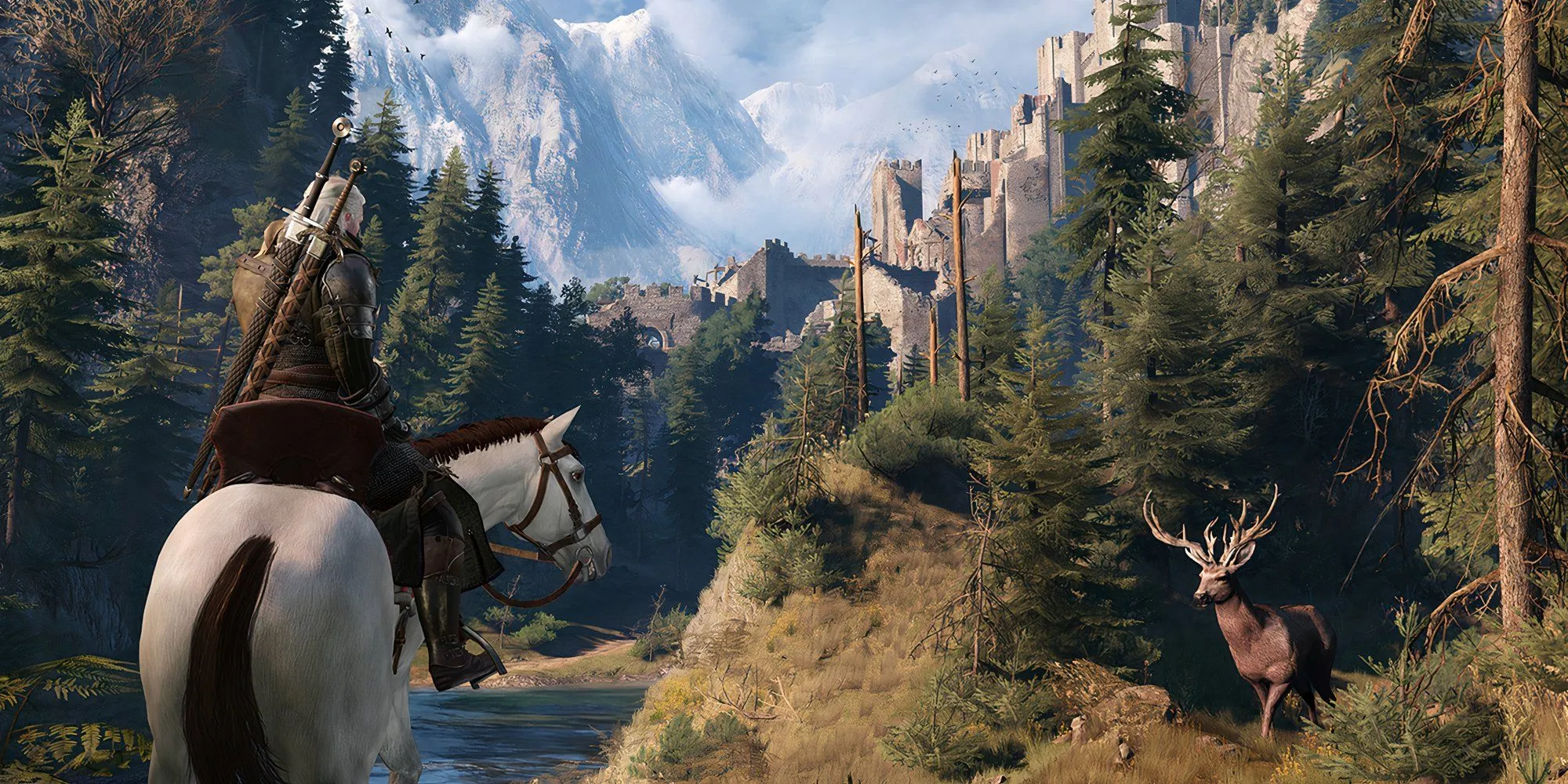 Geralt xứ Rivia trong The Witcher 3 Wild Hunt cưỡi ngựa đi qua một con phố đông đúc người dân
