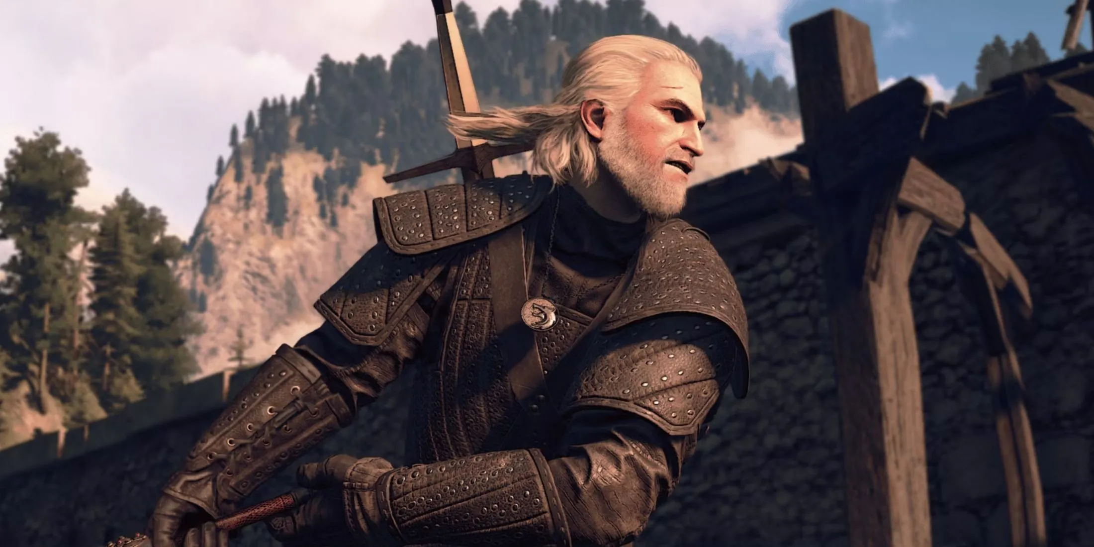 Geralt xứ Rivia trong The Witcher 3: Wild Hunt với bộ giáp và thanh gươm quen thuộc, sẵn sàng cho mọi thử thách