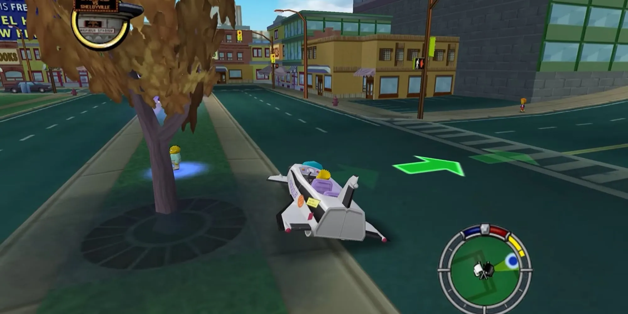 Gia đình Simpsons lái xe trong một cảnh rượt đuổi của game The Simpsons Hit &amp; Run