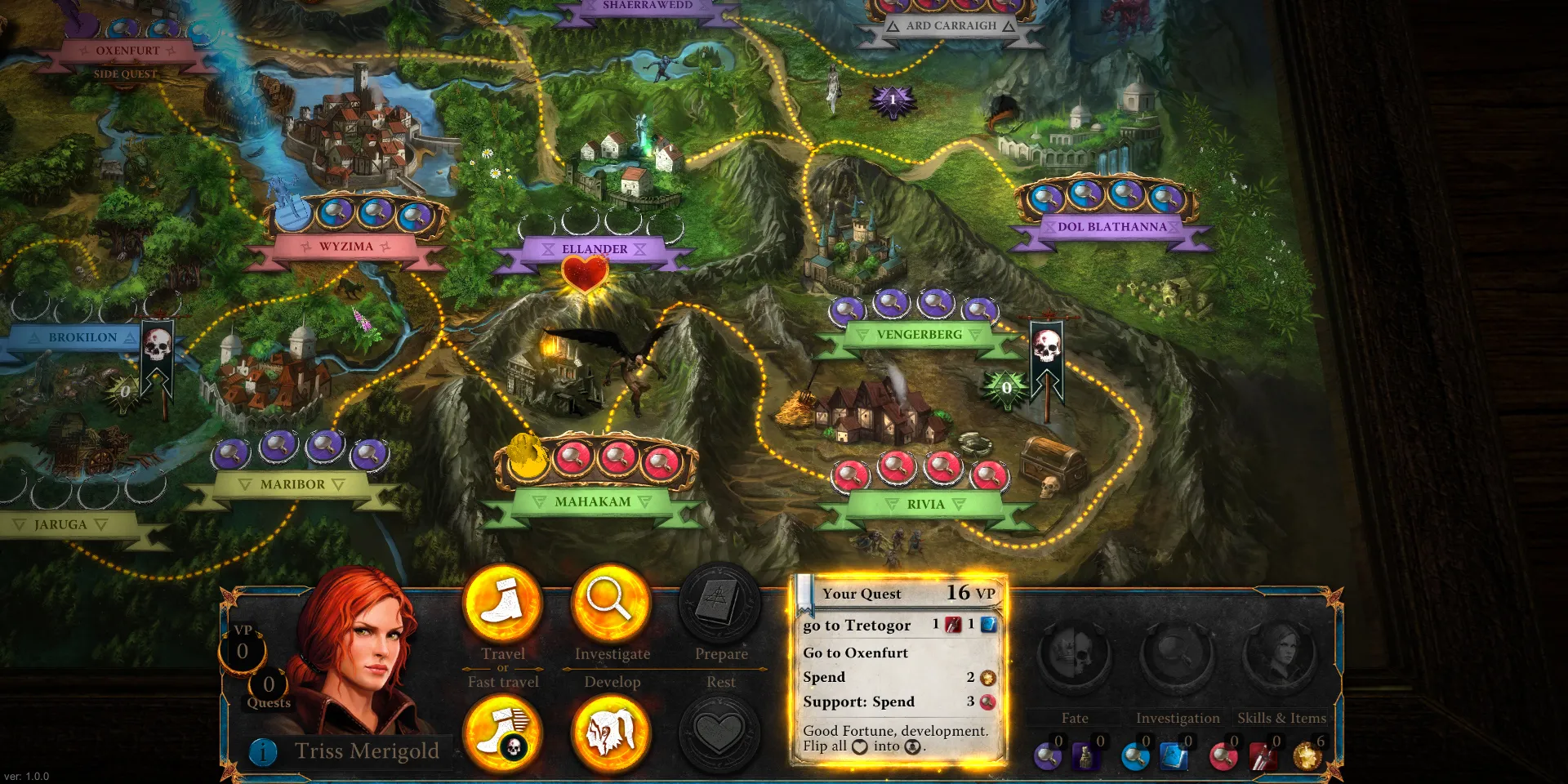 Giao diện board game The Witcher Adventure Game với các thẻ bài và nhân vật