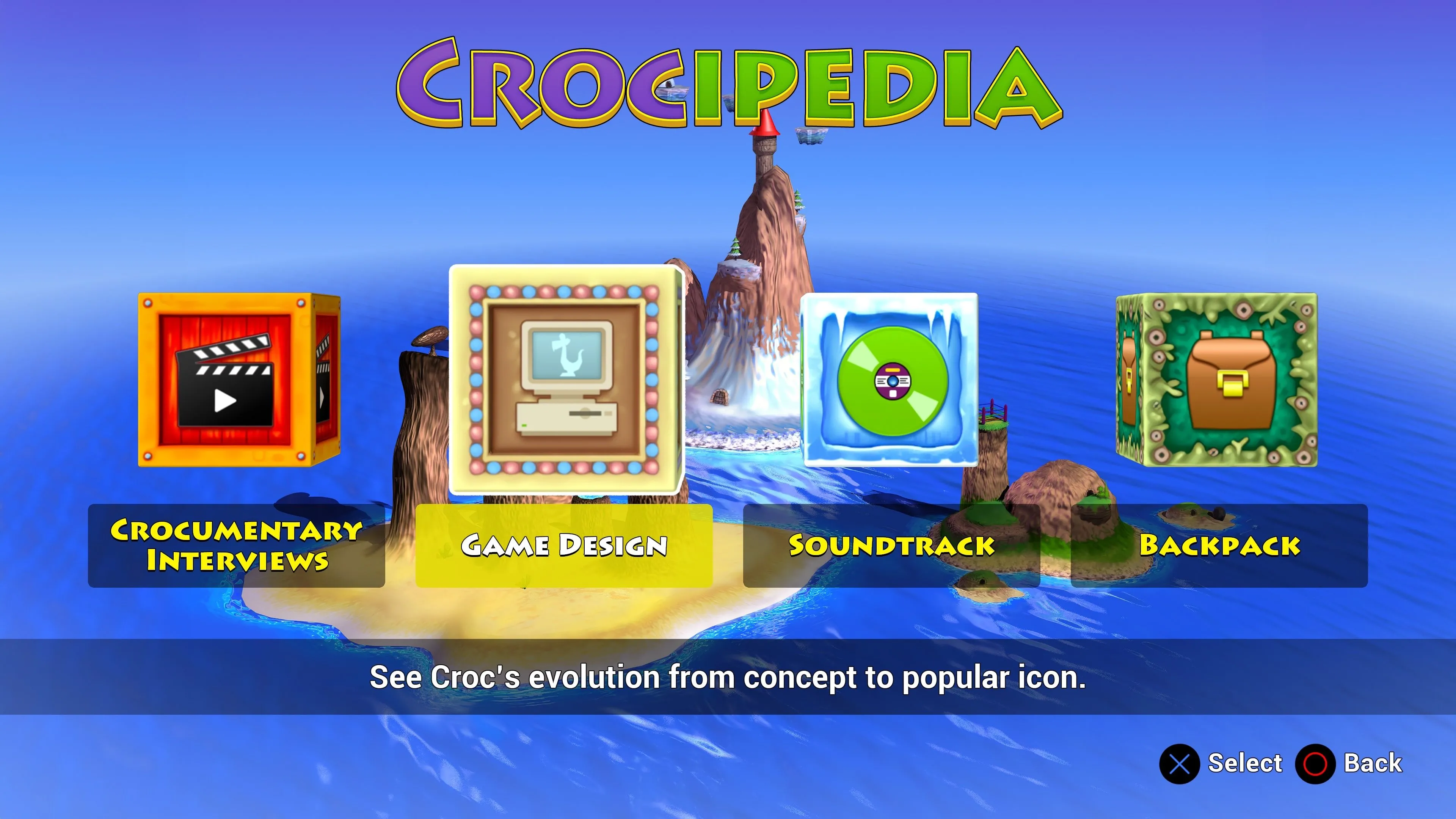 Giao diện Crocipedia trong Croc Remaster với các mục tư liệu lịch sử về game