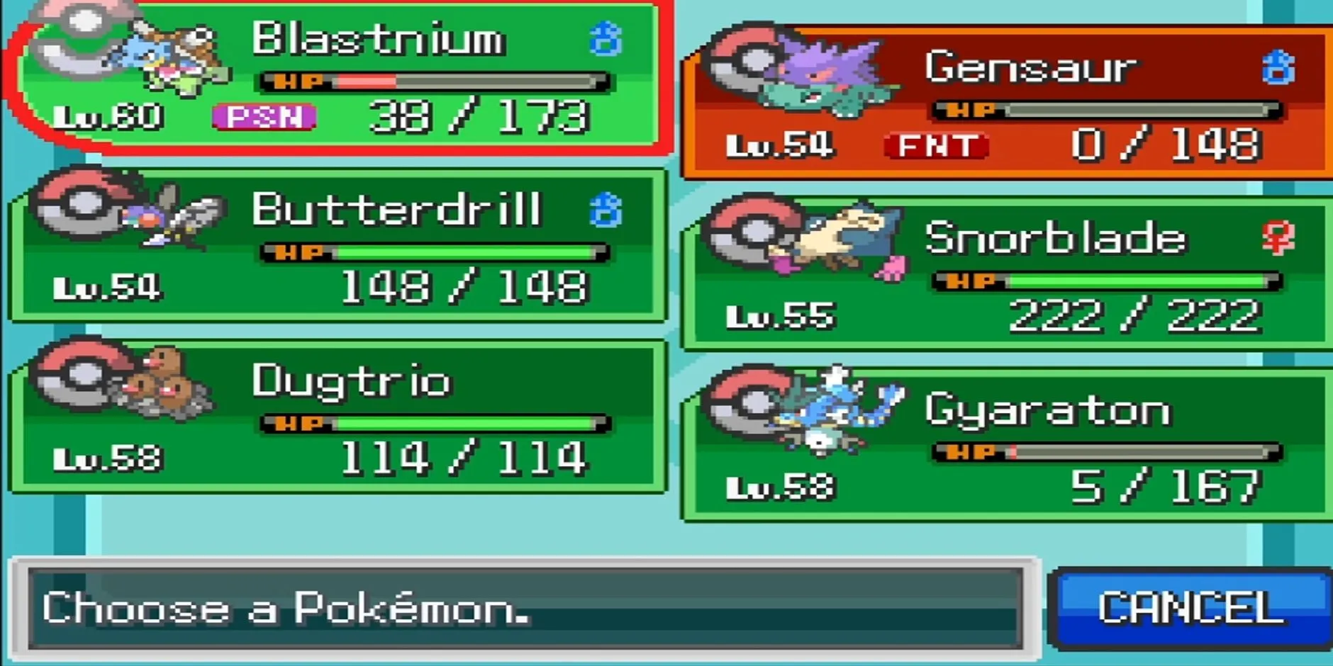 Giao diện đội hình hiển thị các Pokemon đã được dung hợp trong Pokemon Infinite Fusion