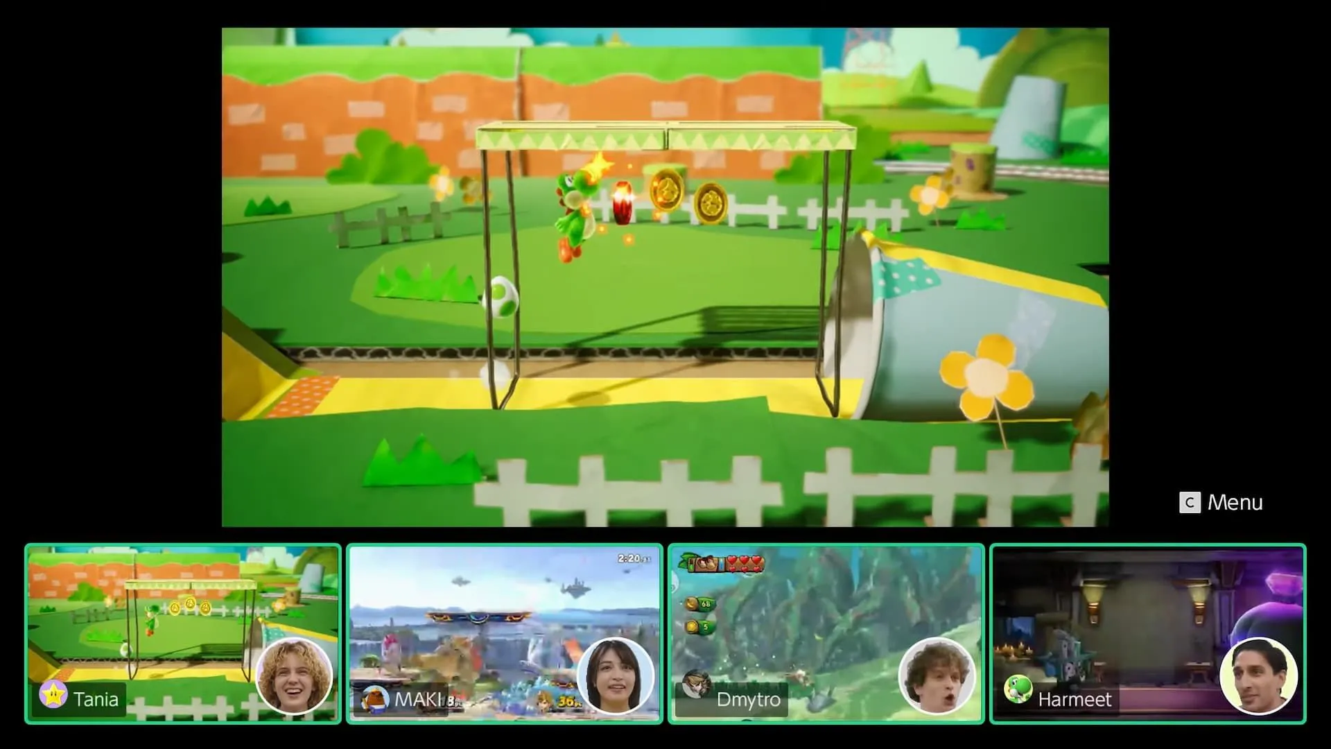 Giao diện GameChat trên Nintendo Switch 2 hiển thị cuộc gọi video với nhân vật Yoshi