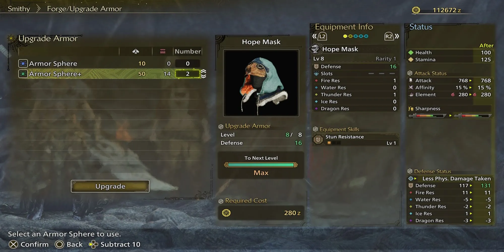 Giao diện nâng cấp giáp trụ tại lò rèn trong Monster Hunter Wilds