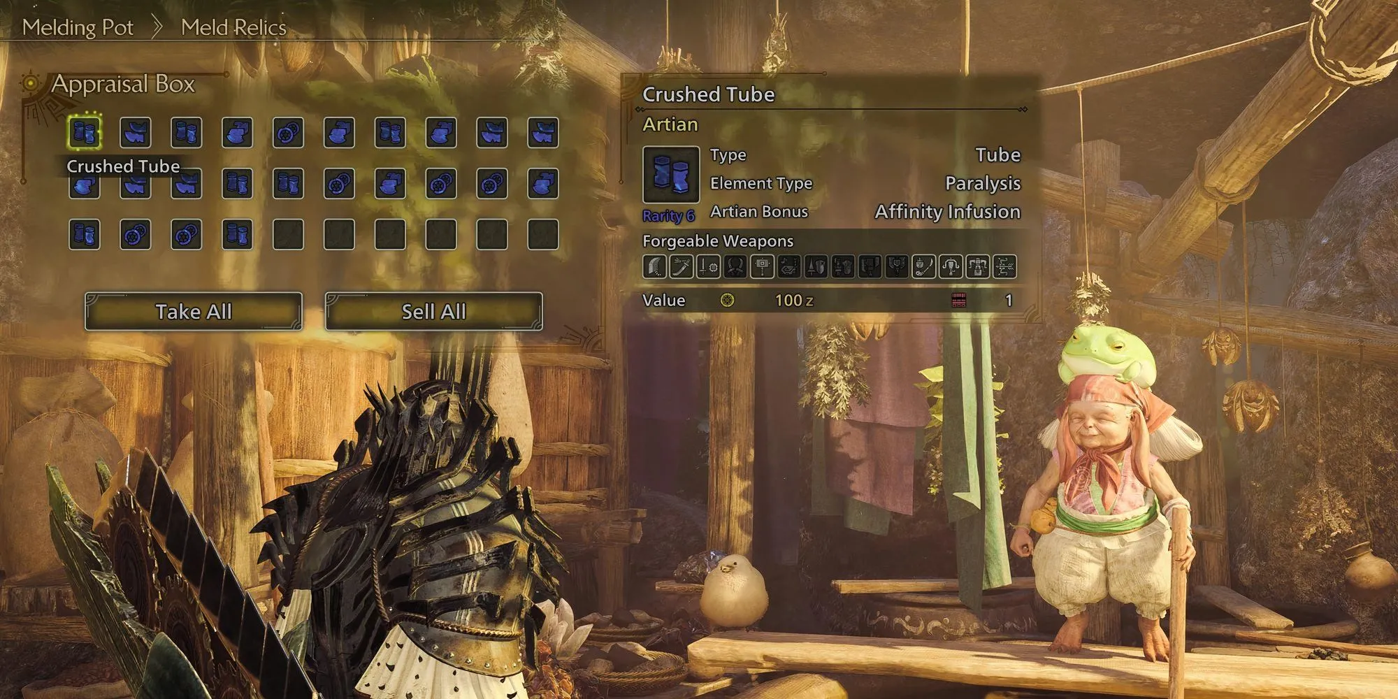 Giao diện Nồi Luyện Kim (Melding Pot) trong Monster Hunter Wilds đang chế tạo Nguyên liệu Artian