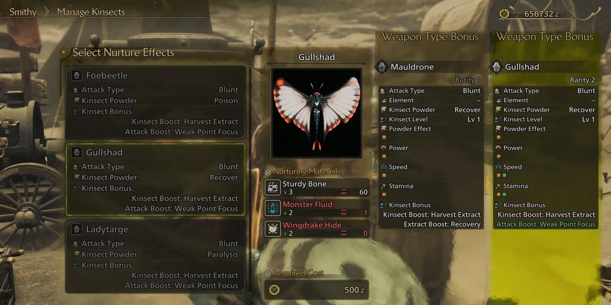 Giao diện nuôi Kinsect bằng Monster Fluid trong Monster Hunter Wilds