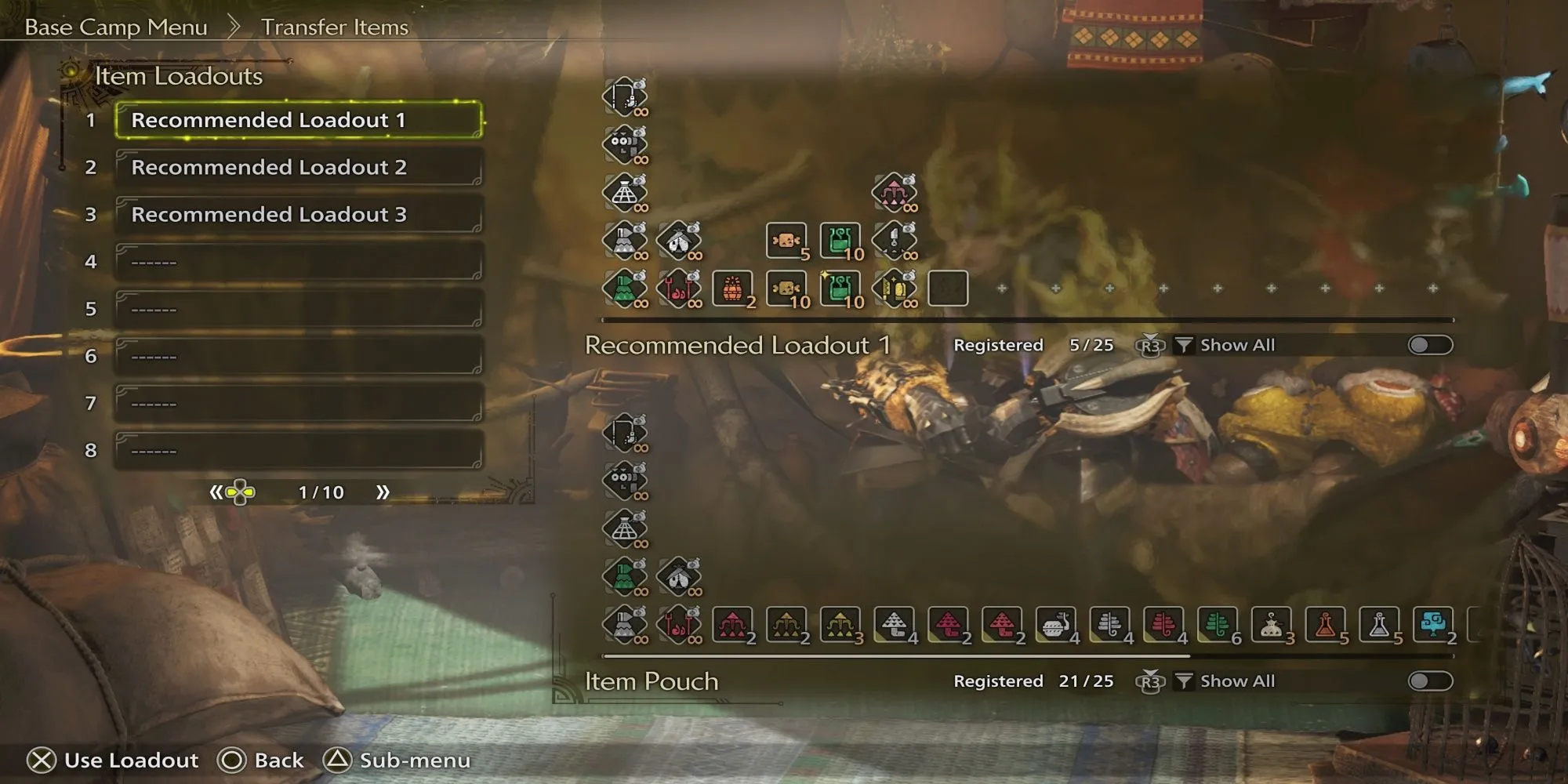 Giao diện quản lý vật phẩm và tạo loadout trong Monster Hunter Wilds