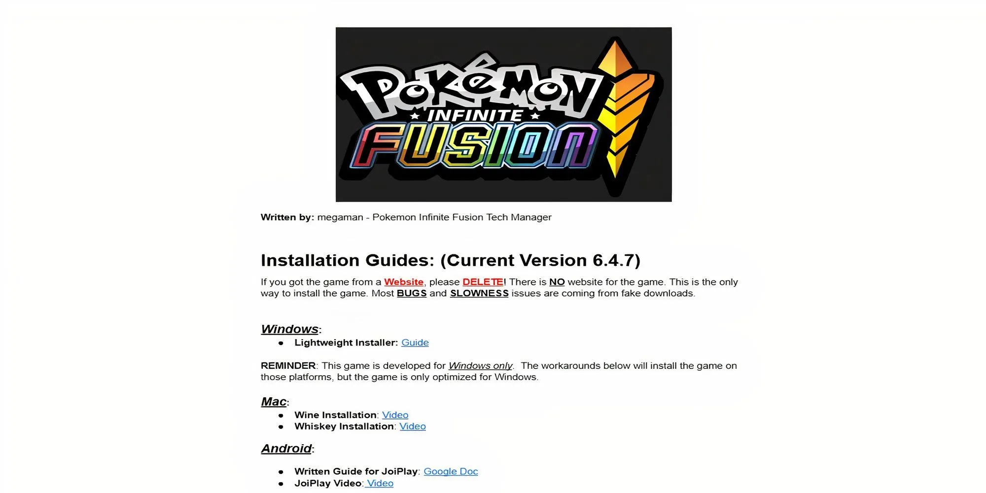 Giao diện trang tải game Pokemon Infinite Fusion trên Google Docs