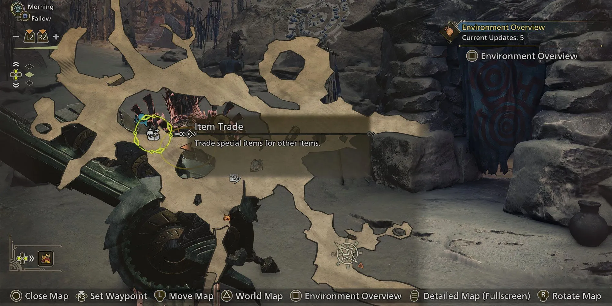 Giao diện trao đổi vật phẩm với một NPC trong Monster Hunter Wilds, hiển thị các lựa chọn vật phẩm và nguyên liệu có thể trao đổi