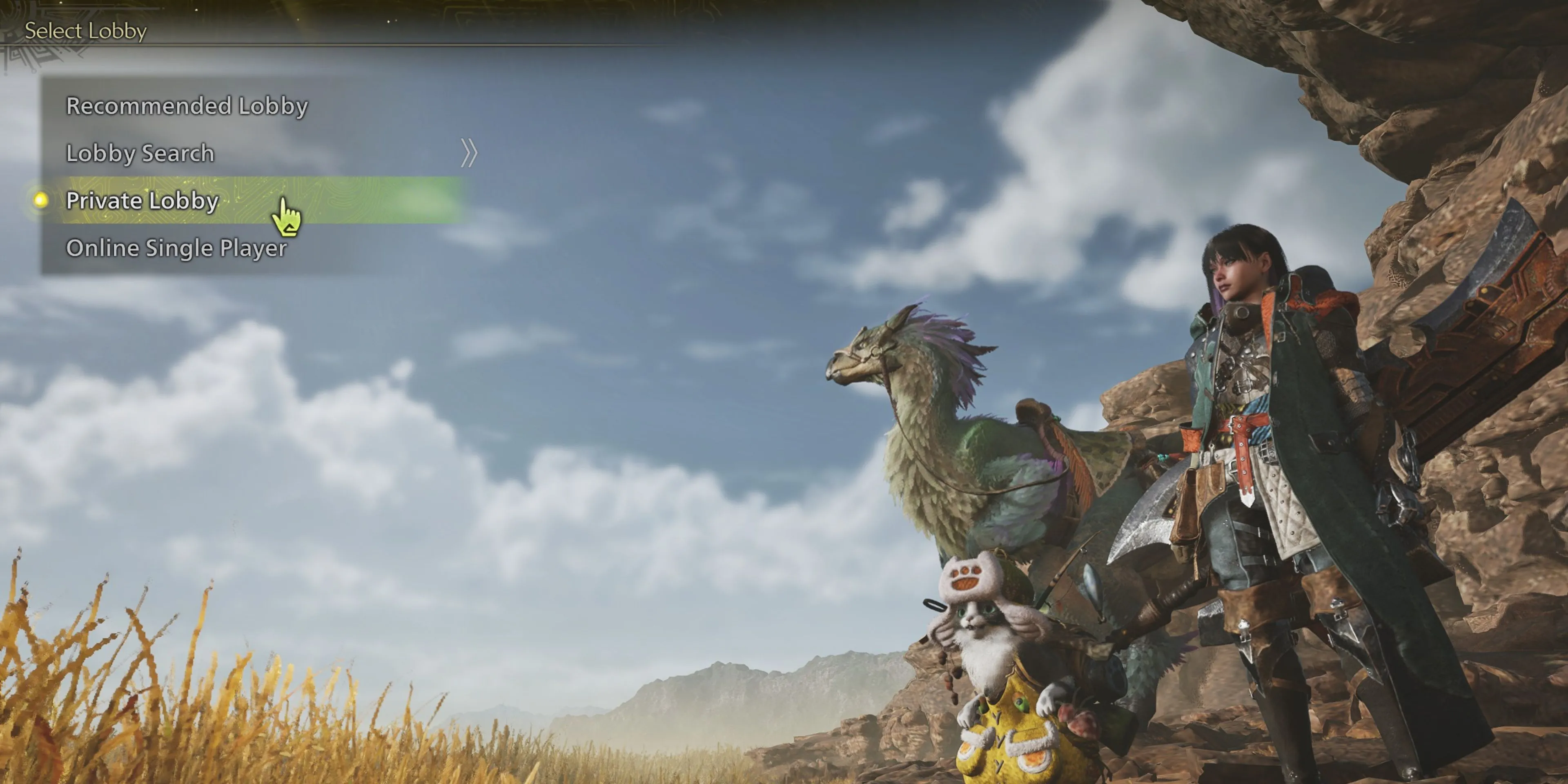 Giao diện tùy chọn tạo sảnh riêng tư trong Monster Hunter Wilds để mời bạn bè