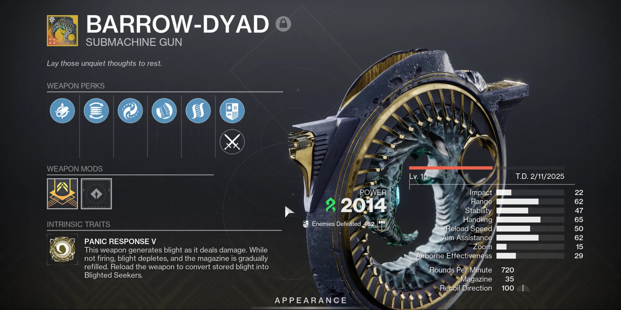 Giao diện vũ khí Barrow-Dyad trong Destiny 2 hiển thị các tùy chọn catalyst