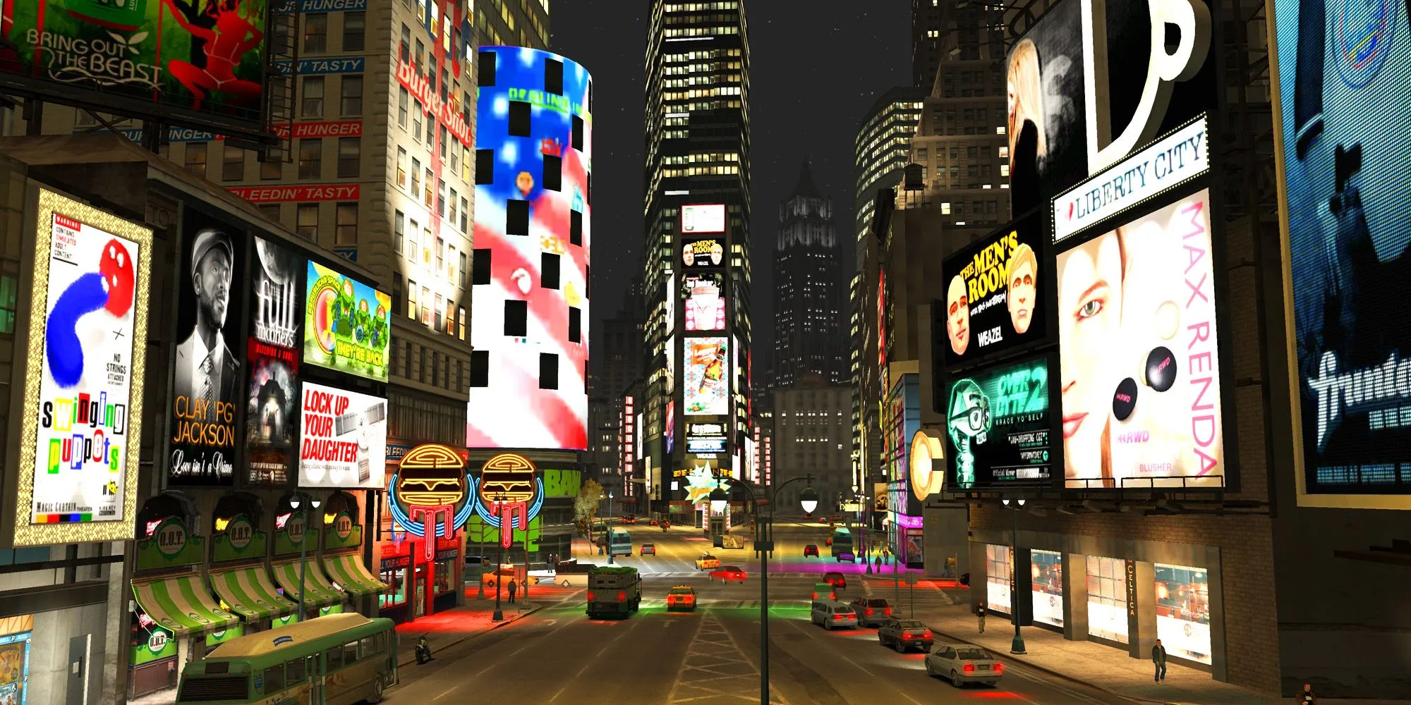 Giao lộ Star Junction rực rỡ ánh đèn quảng cáo trong GTA 4, mô phỏng Times Square