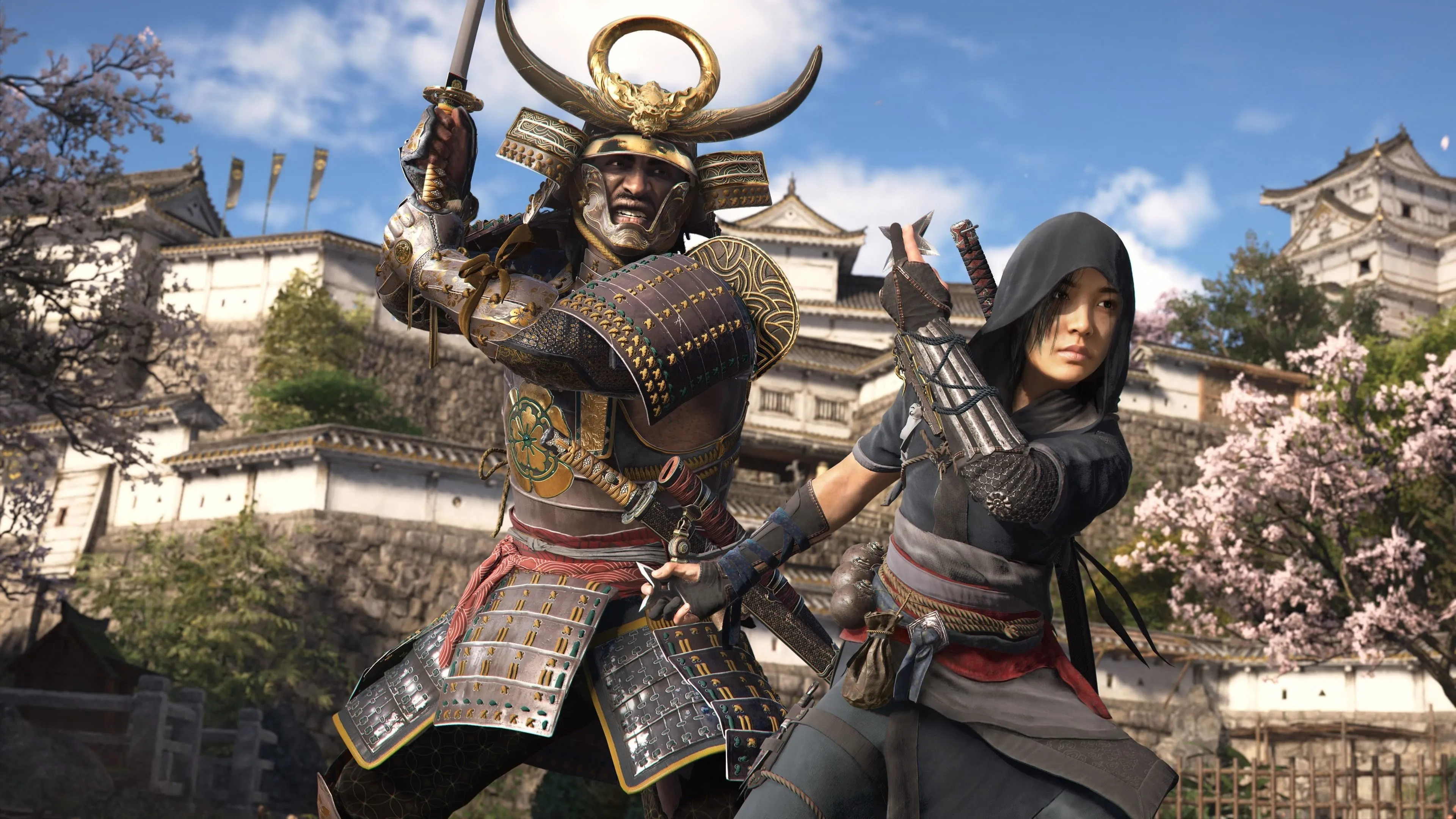 Hai nhân vật chính Yasuke và Naoe đứng cạnh nhau, thể hiện sự tương phản trong phong cách và vai trò của họ trong Assassin's Creed Shadows.