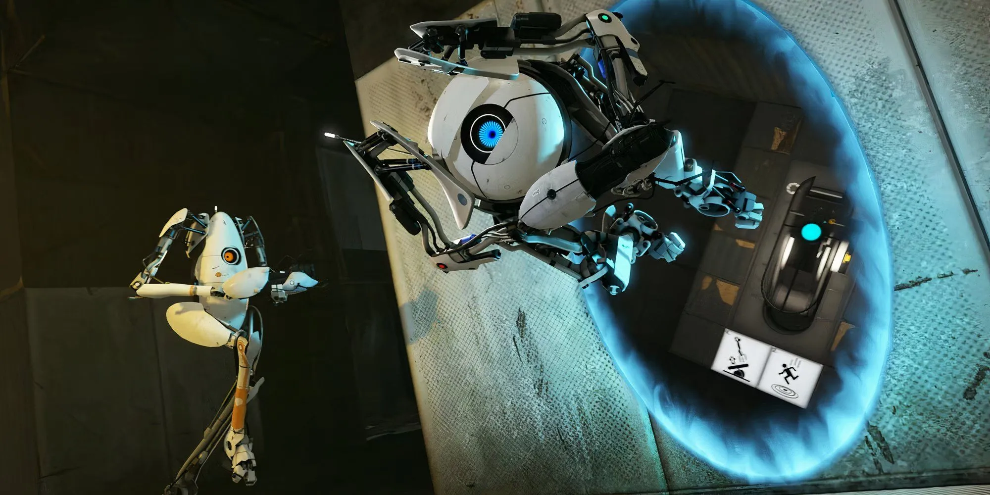 Hai robot trong Portal 2 nhảy ra từ một cánh cổng không gian