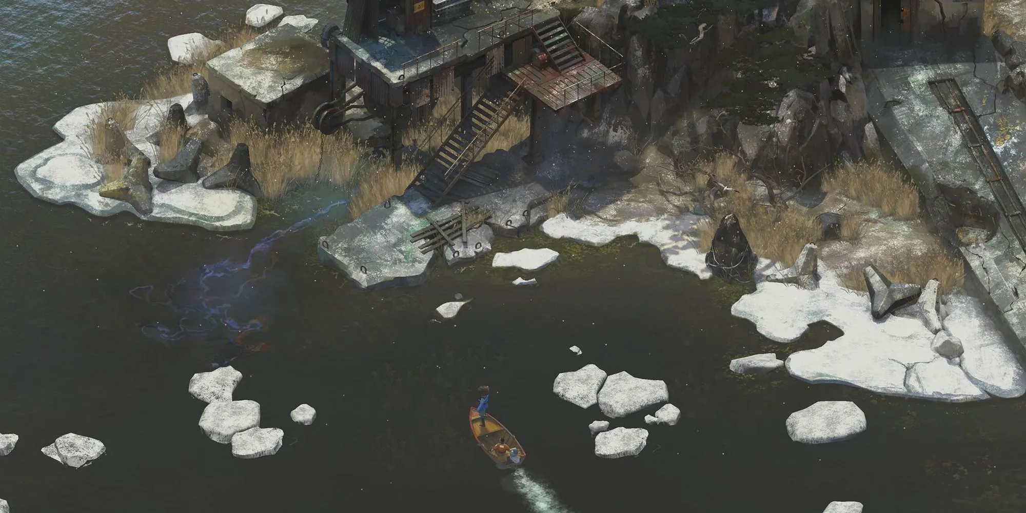 Harry Du Bois di chuyển bằng thuyền khám phá Revachol trong Disco Elysium