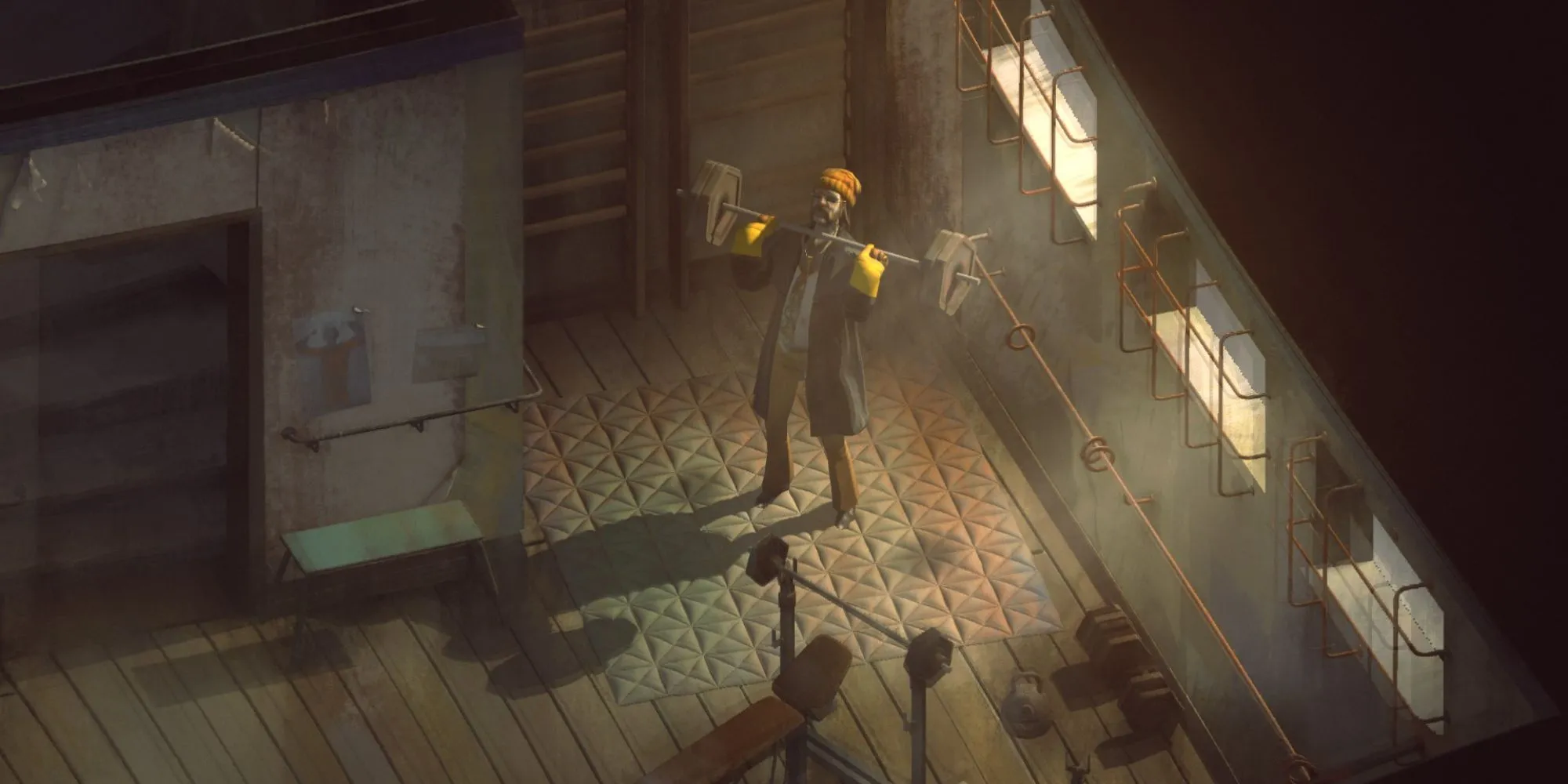 Harry DuBois đứng trước cửa hàng tiện lợi Whirling-In-Rags trong Disco Elysium