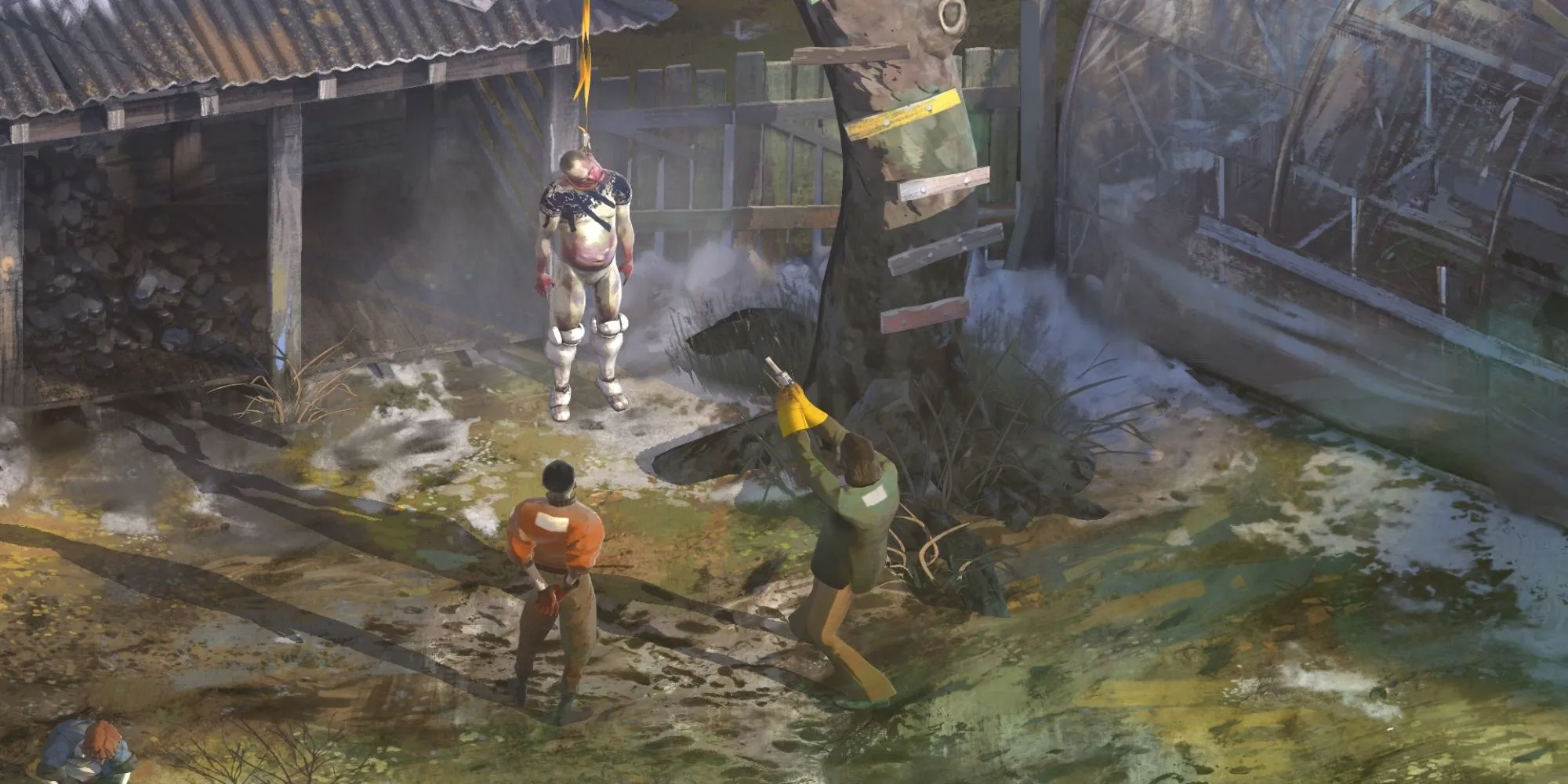 Harry nhắm súng vào người đàn ông bị treo cổ trong Disco Elysium