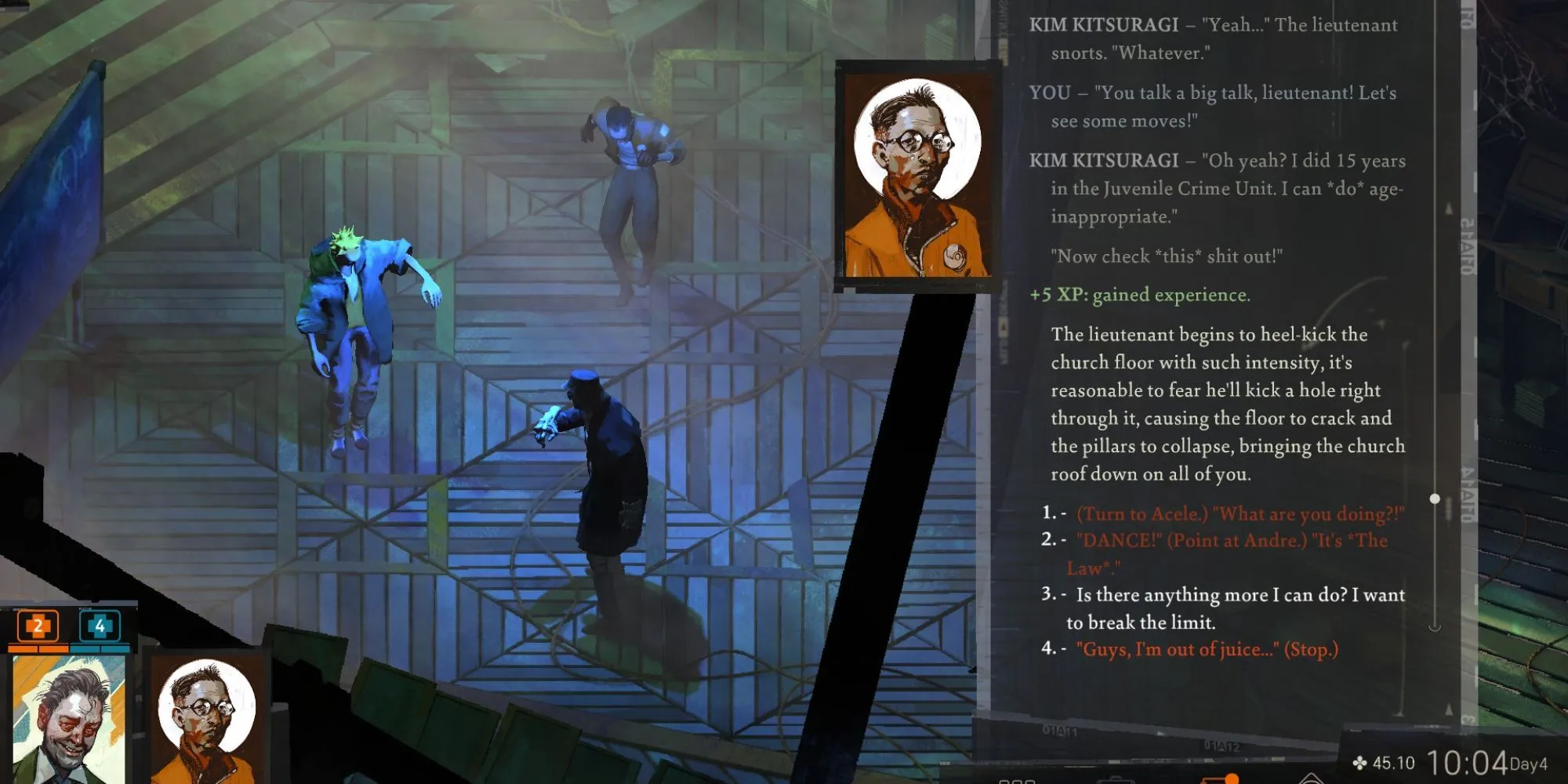 Harry và Kim đứng trước một bức tường vẽ graffiti trong Disco Elysium