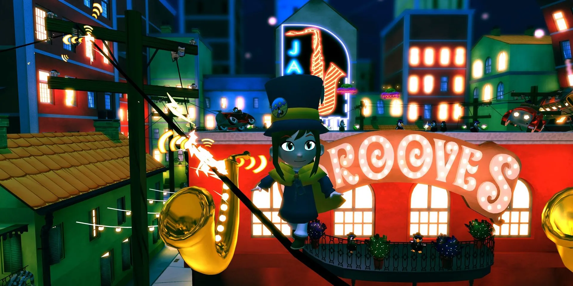 Hat Kid đi trên dây điện trong một cảnh game A Hat in Time