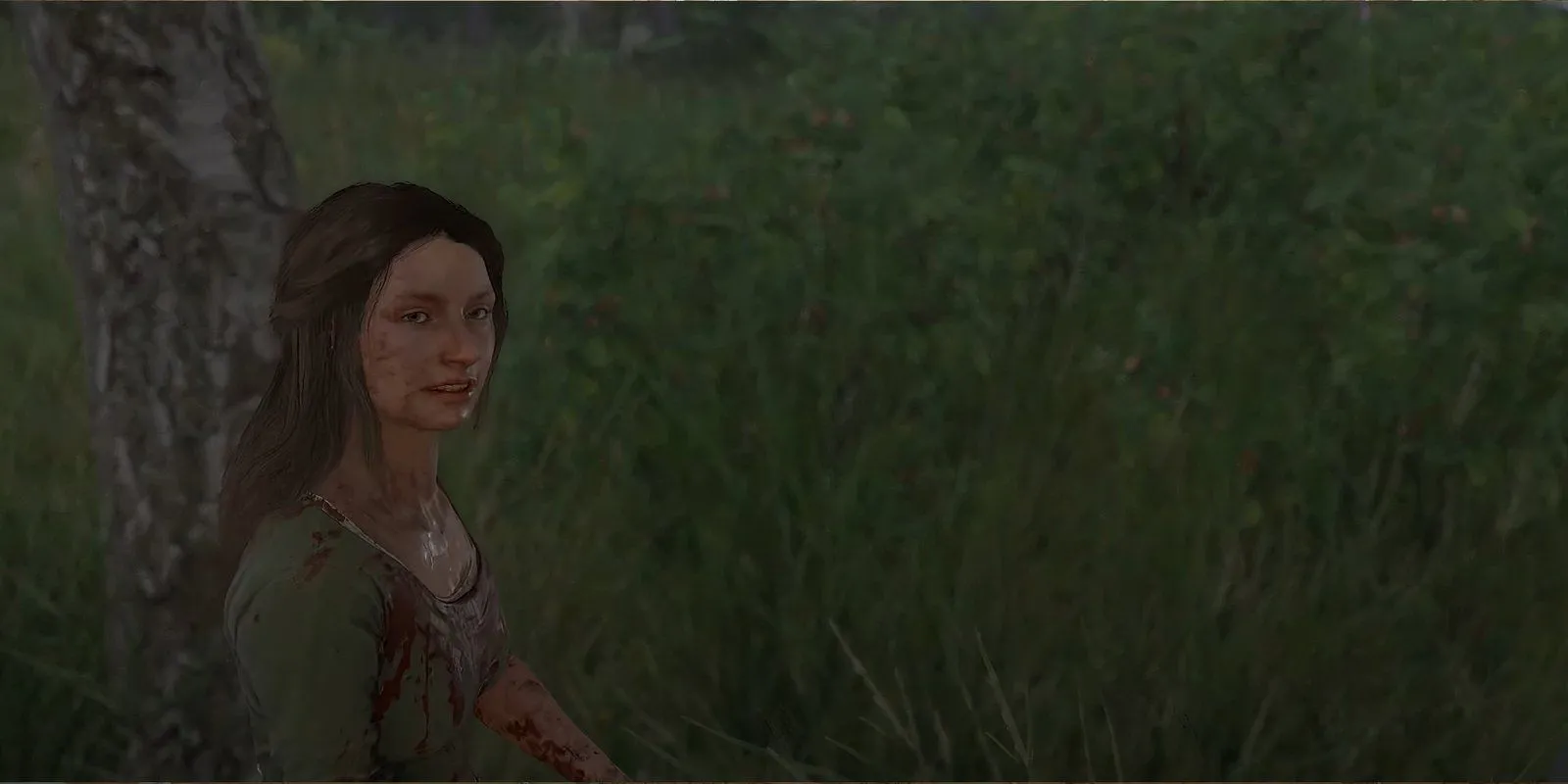 Henry đang nói chuyện với Victoria ngồi dưới gốc cây trong rừng, Kingdom Come Deliverance 2