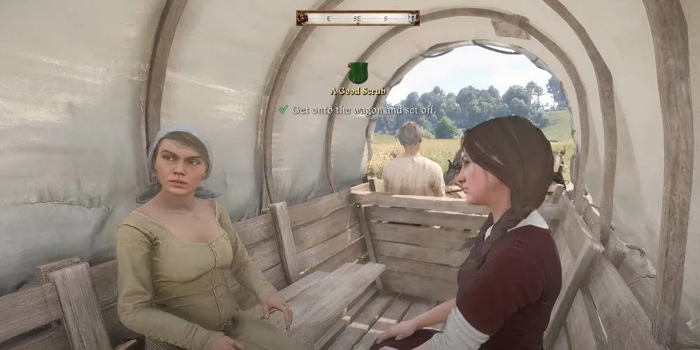 Henry hộ tống các cô gái trên xe ngựa từ Grund về Kuttenberg trong nhiệm vụ A Good Scrub, Kingdom Come Deliverance 2.