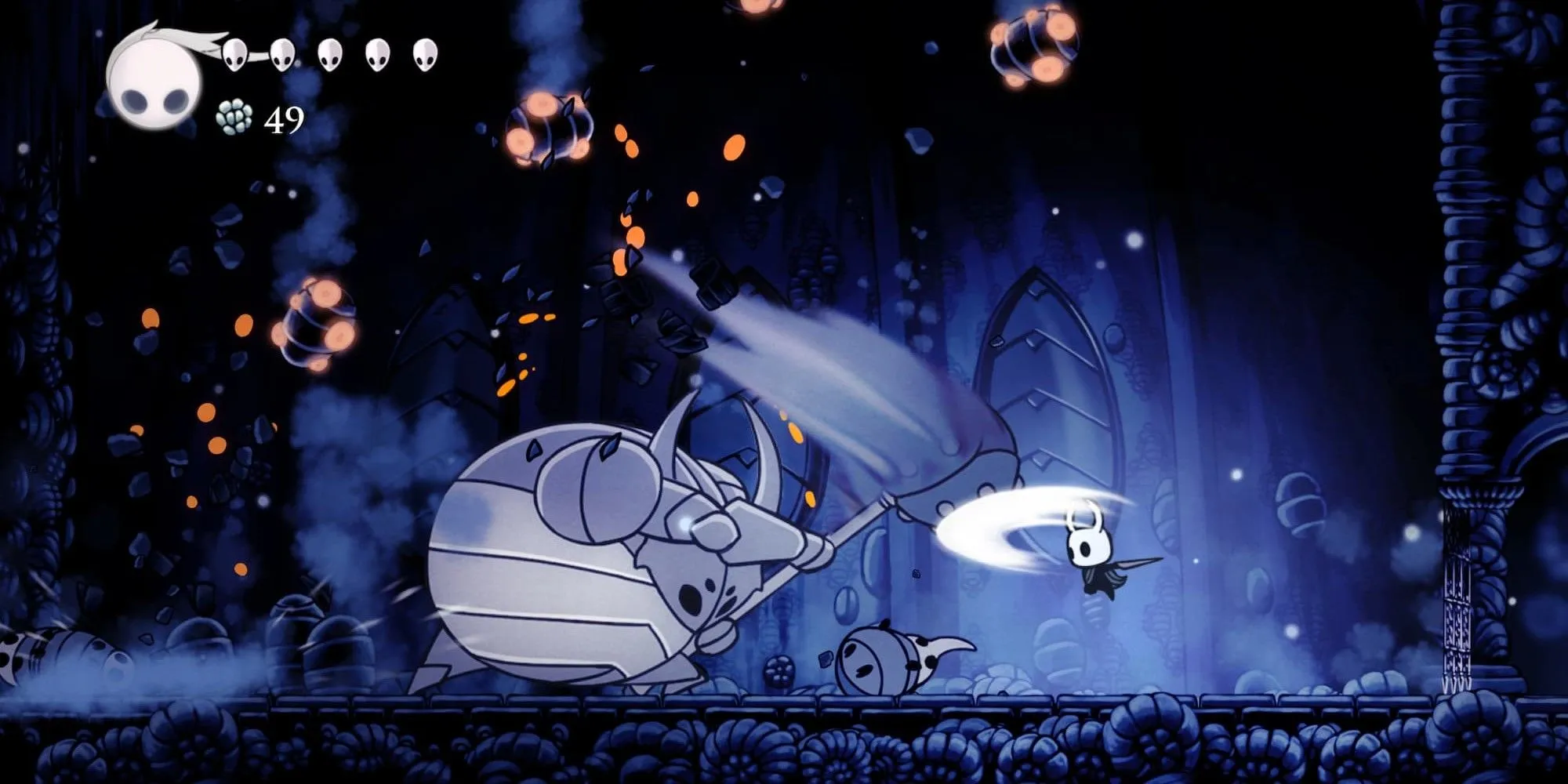 Hiệp sĩ chiến đấu với một con bọ khổng lồ trong Hollow Knight