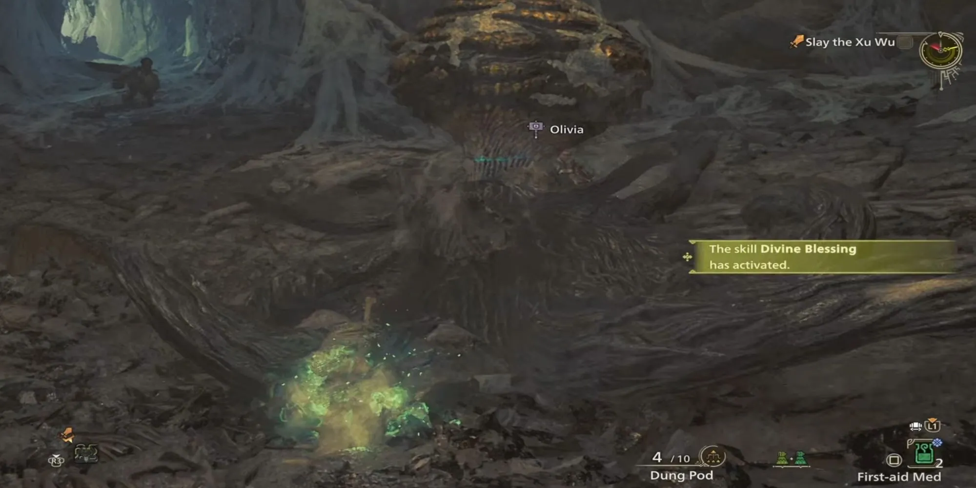 Hiệu ứng Divine Blessing kích hoạt giúp giảm sát thương nhận vào cho thợ săn trong Monster Hunter Wilds
