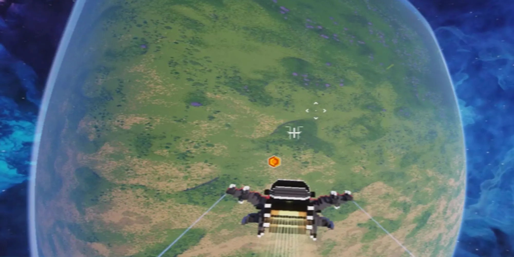 Hiệu ứng hành tinh hình khối biến dạng khi tàu tiếp cận trong game Cubic Odyssey.