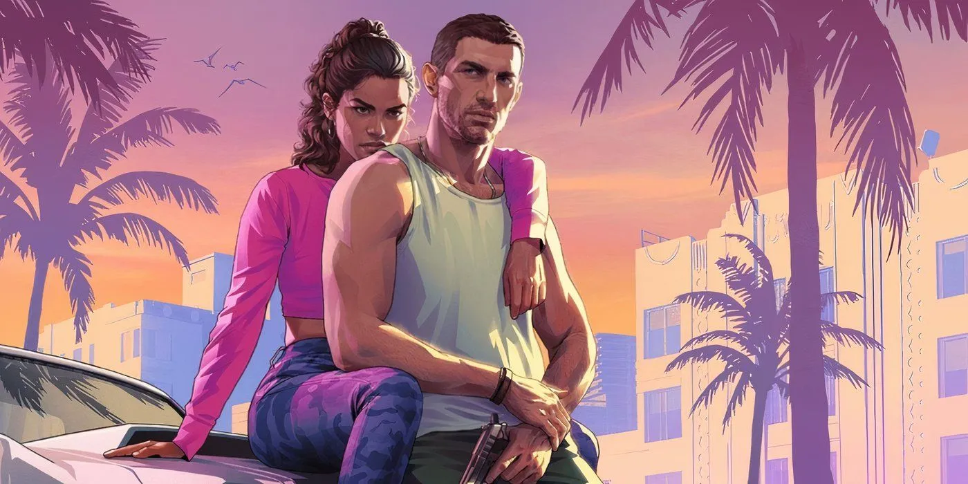 Hình ảnh artwork Grand Theft Auto VI với Jason và Lucia trên nền hoàng hôn Vice City