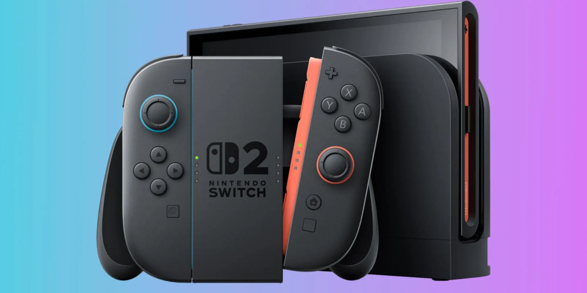 Hình ảnh cận cảnh máy Nintendo Switch 2 màu xám cùng cặp Joy-Con đặt trên nền hiệu ứng ánh sáng xanh tím, minh họa cho chủ đề pin và hiệu năng.