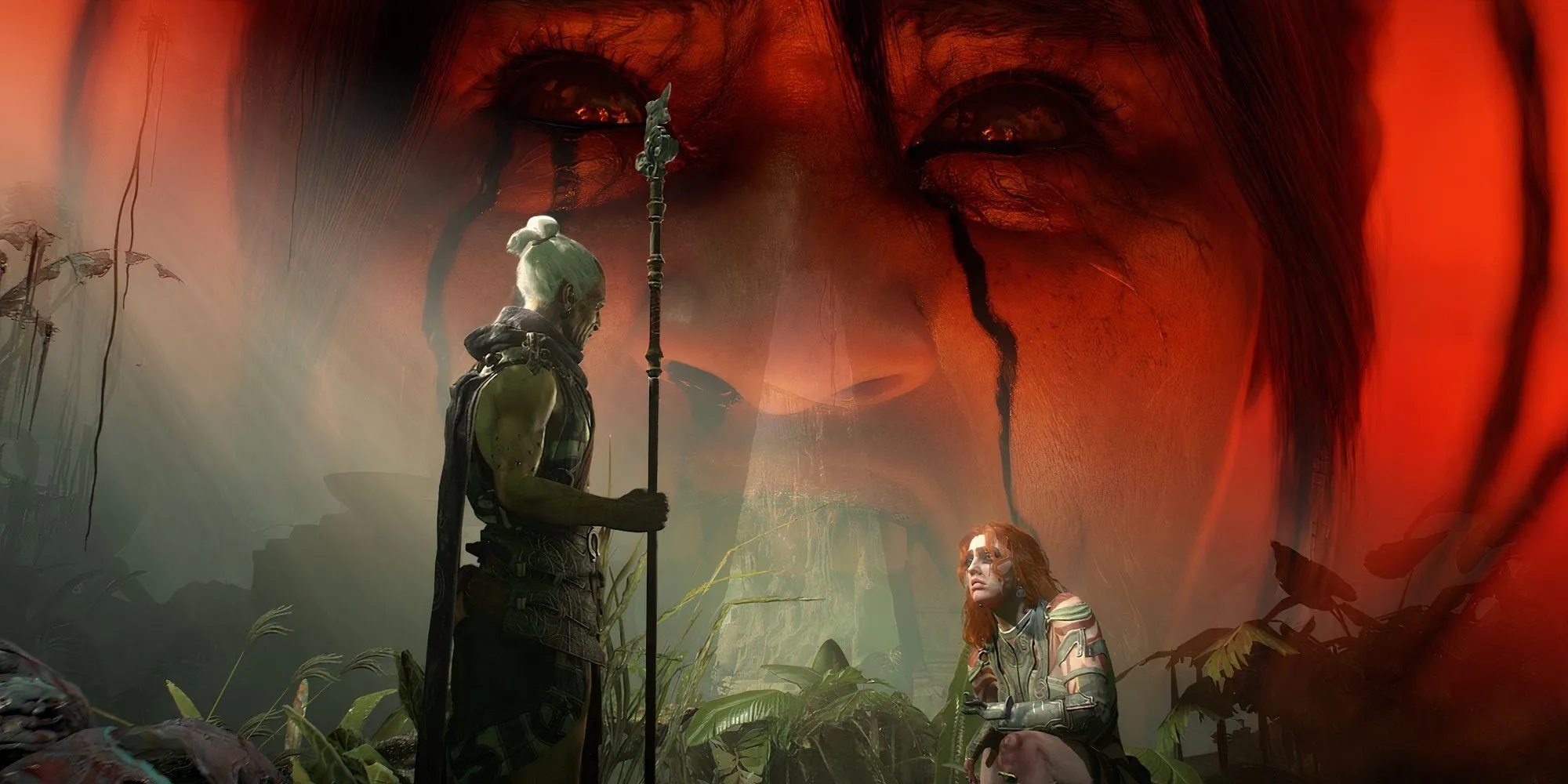 Hình ảnh chủ đạo của Diablo 4 Vessel of Hatred với Neyrelle và Eru tại Nahantu